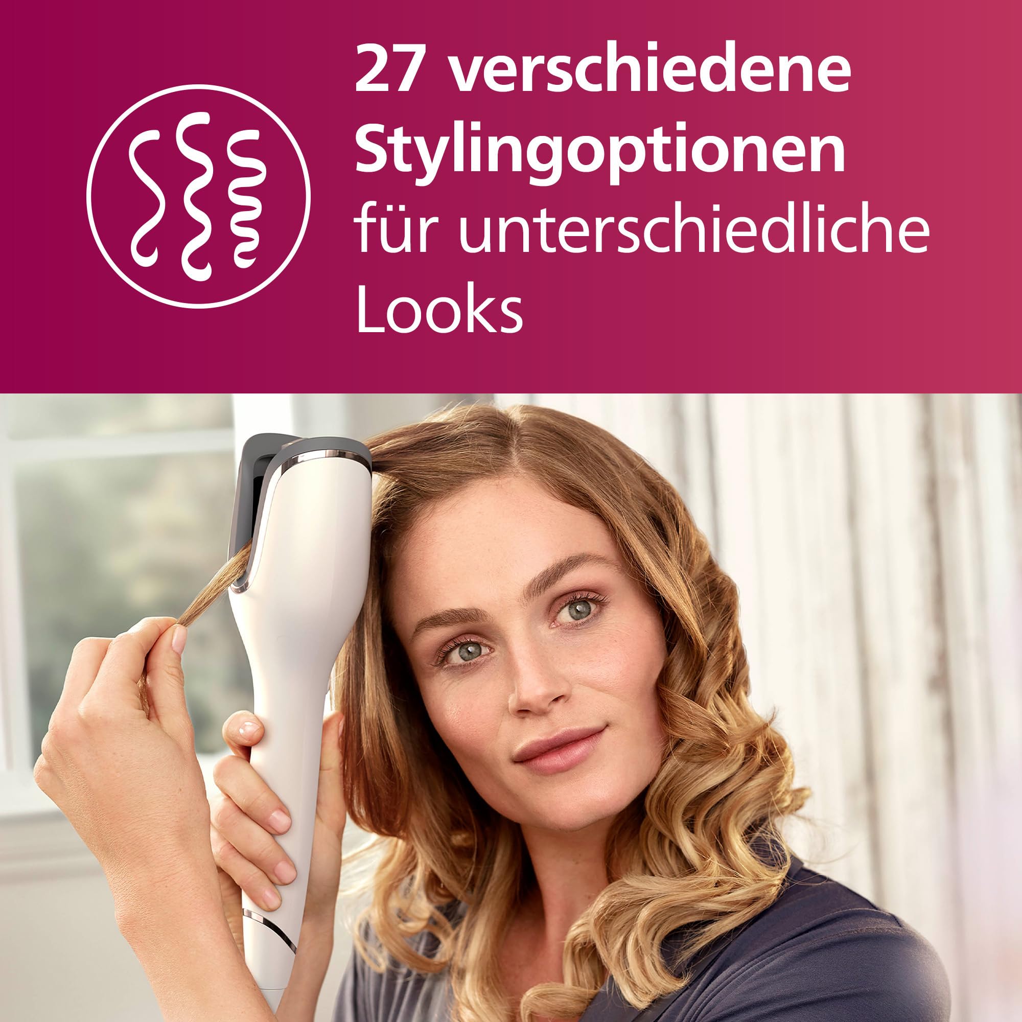 Philips automatischer Lockenstab 8000 Series, Lockenwickler/Curler mit MoistureProtect Technologie, 27 verschiedene Stylingoptionen, Weiß, Modell BHB878/00