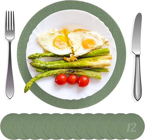 Miniatura 1 de 12 manteles individuales de arpillera verde salvia a granel, manteles individuales redondos de arpillera de 11.8 pulgadas, reutilizables, manteles