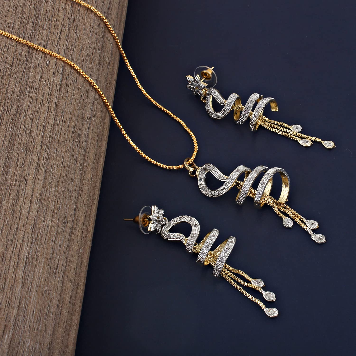 18K Plated AD Spiral Pendant with Earring and Chain Set