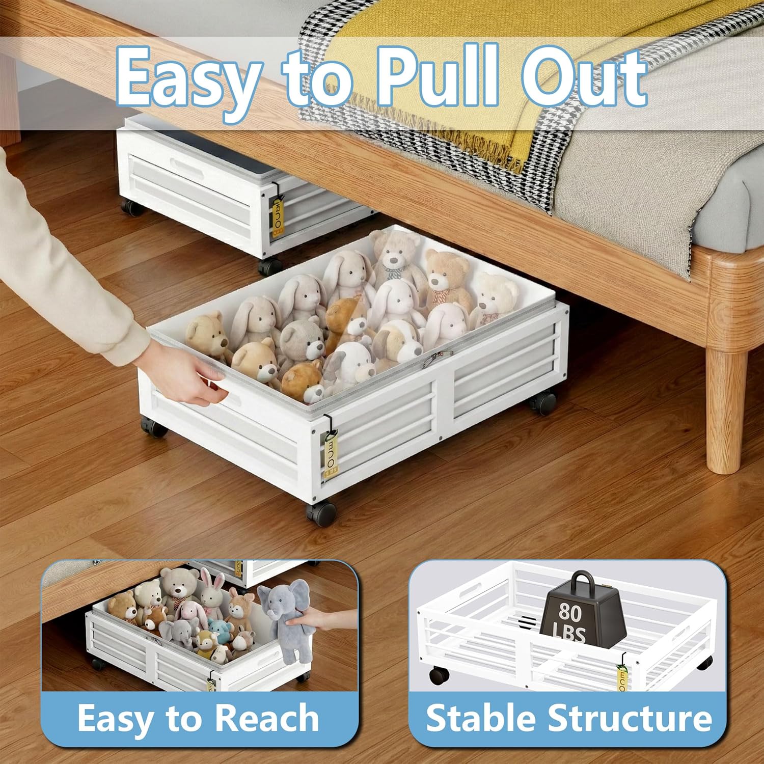 Under Bed Storage Containers with Wheels, Larger Bamboo Wood Under Furniture Storage Containers with Dust Bags，Rolling for Shoes Clothes