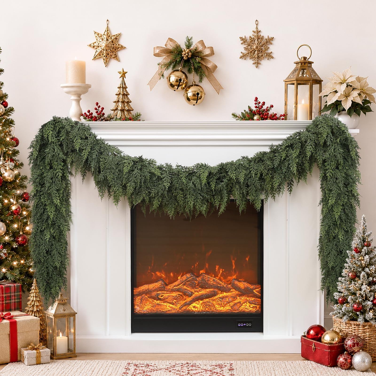 9FT Artificial Cedar Garland, Soft Real Touch PE Green Christmas Garland