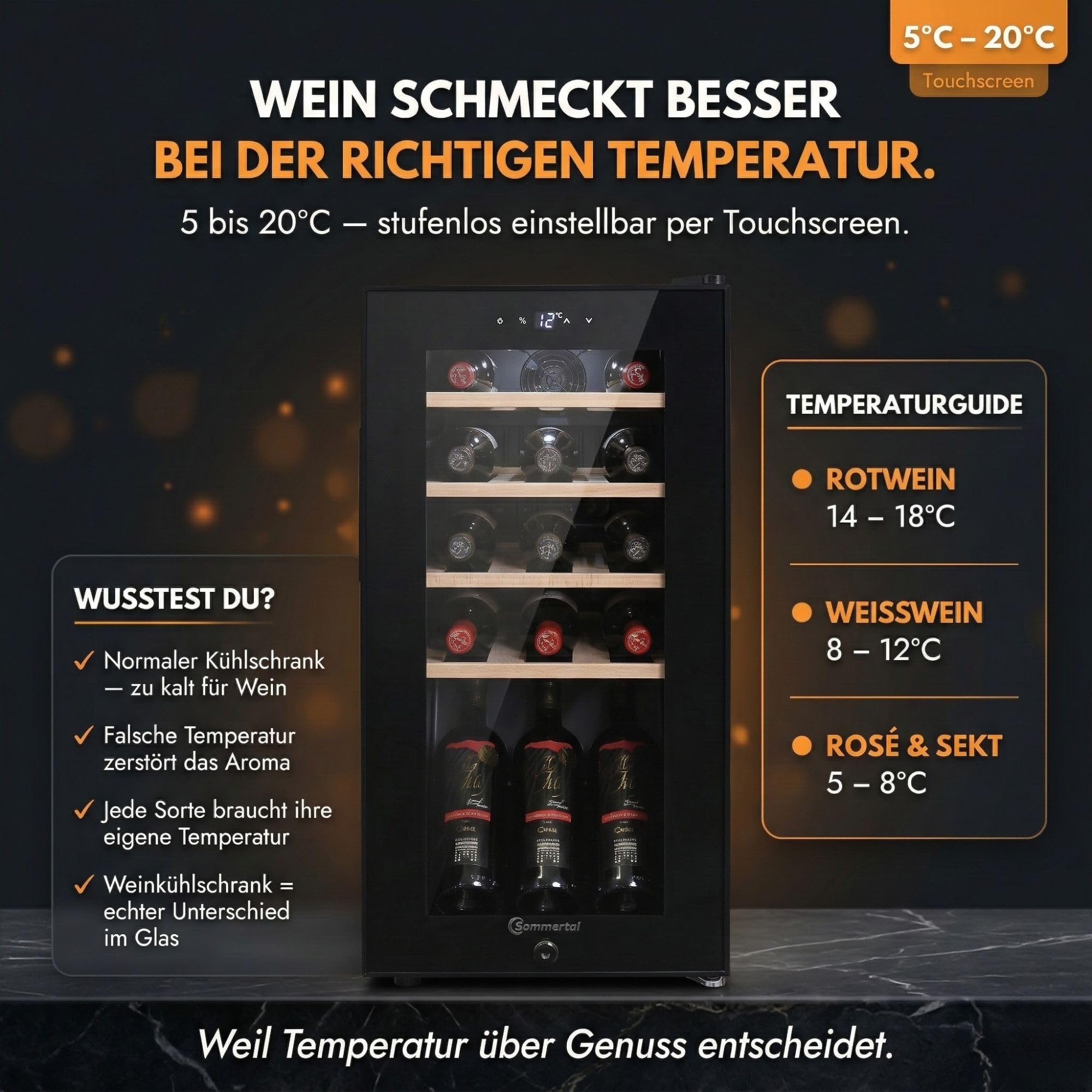Sommertal Frigorifero per vino con porta in vetro WK50 – 15 bottiglie, regolabile 5–20°C, bloccabile, illuminazione a LED, porta in vetro, touchscreen, 4 ripiani in legno, silenzioso e a risparmio