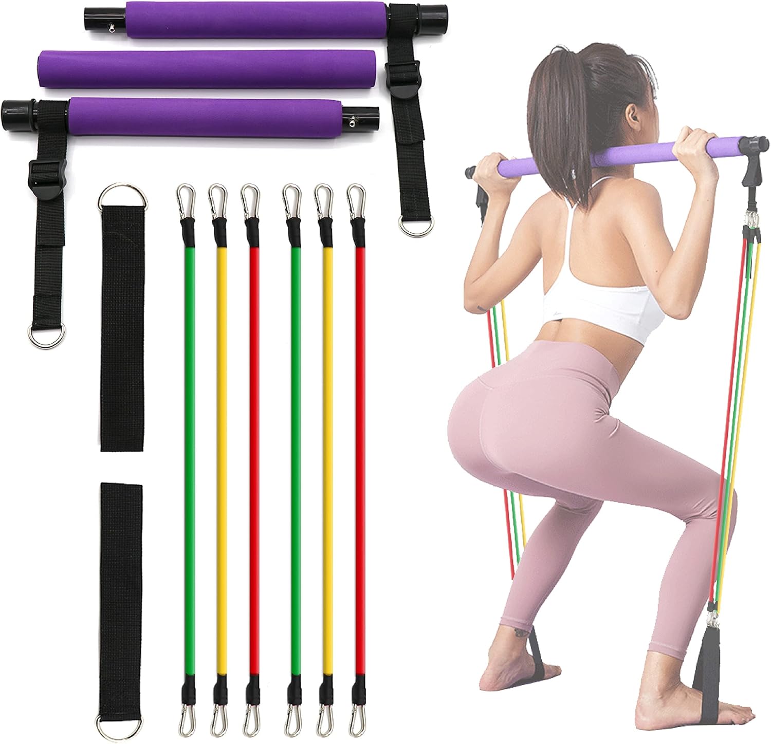 N&V Portable Pilates Bar Kit, Adjustable 46.5 Inches 3 Section Pilates