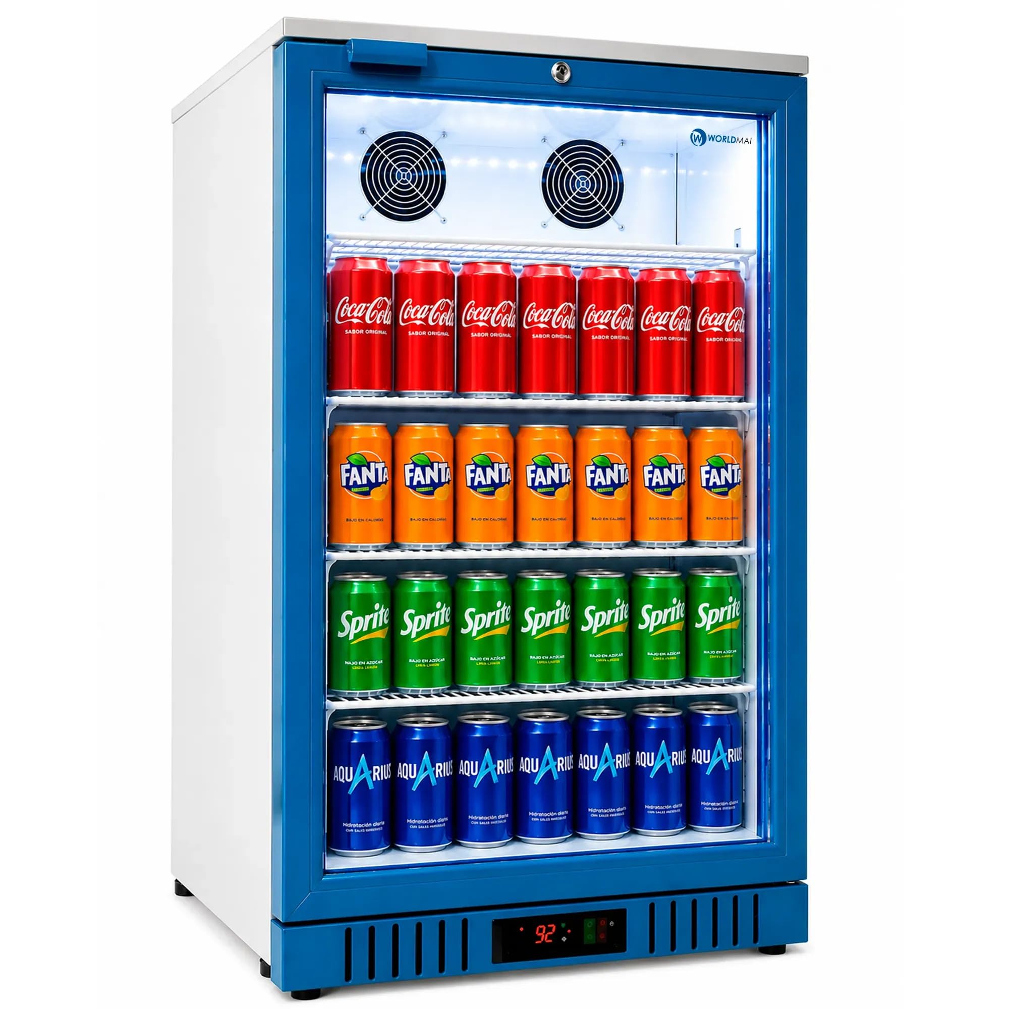 Nevera expositora refrigerada profesional Worldmai 133 L para hostelería. Botellero frigorífico expositor puerta de cristal, con doble ventilación, para bar y restaurante.