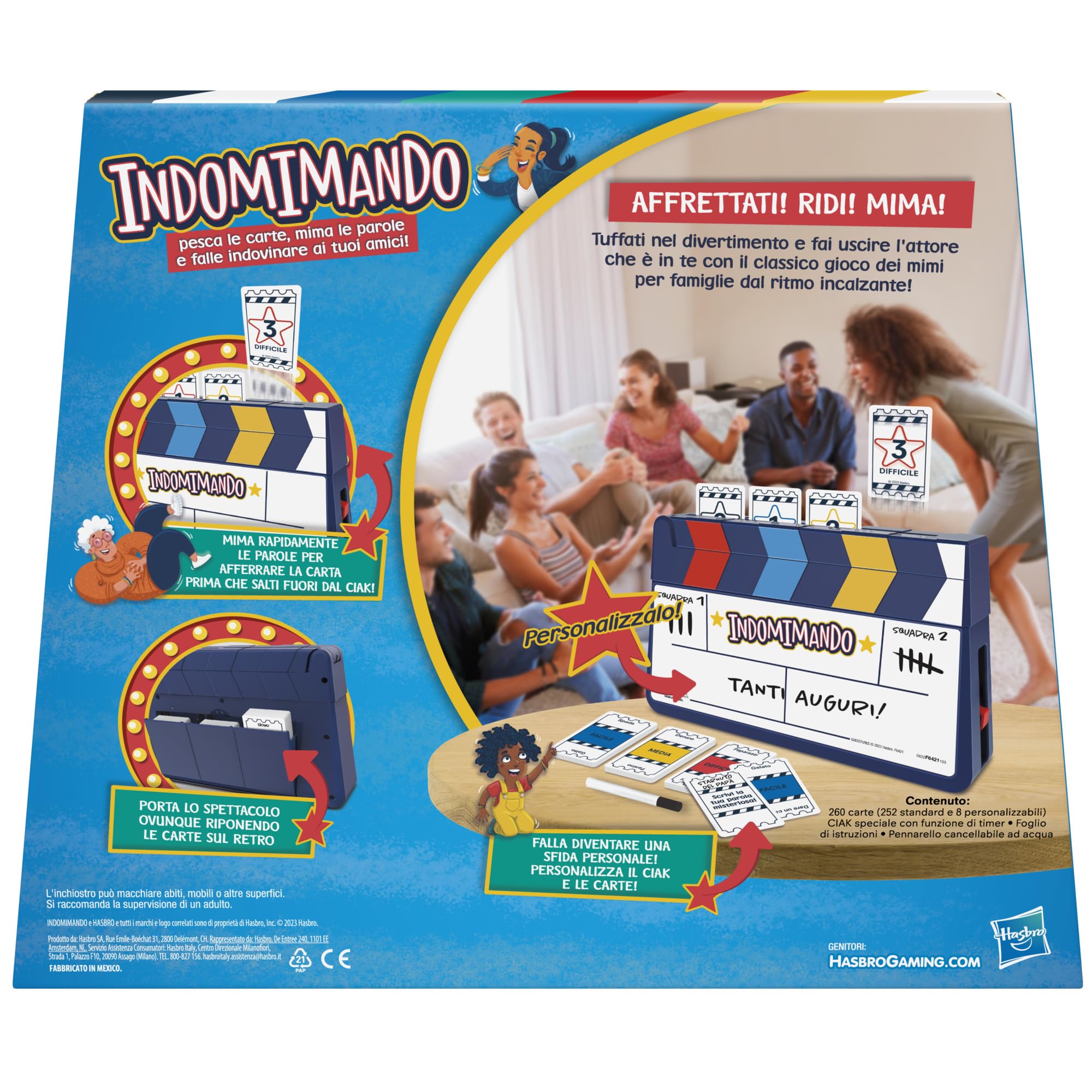 Hasbro Gaming Indomimando Gioco da Tavolo Dei Mimi, Gioco per Famiglie per 4 o più Giocatori con Carte Personalizzabili e Ciak, Gioco per Bambini e Bambine da 8 Anni in Su, Giocattolo Festivo
