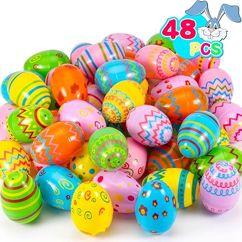 Sizonjoy 48 huevos de Pascua de plástico de 3.15 pulgadas, huevos de Pascua brillantes impresos para regalos de fiesta de caza de Pascua, rellenos disponible en Yaxa Colombia