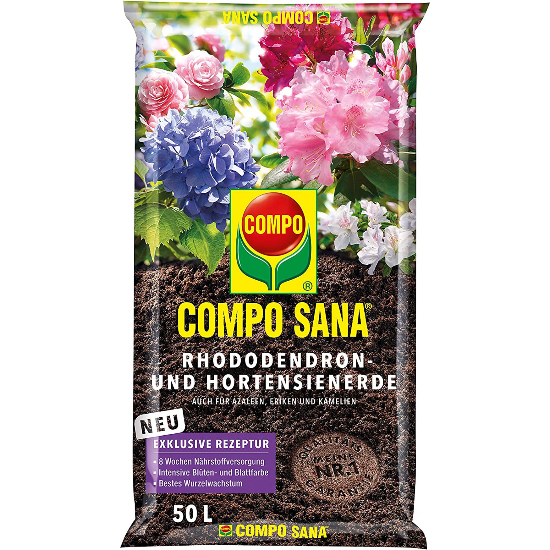 COMPO SANA Rhododendron- und Hortensienerde, 50 L  mit 8 Wochen Dnger  fr Rhododendren, Hortensien und andere Pflanzen, die einen niedrigen pH- Wert bevorzugen : Amazon.de: Garten
