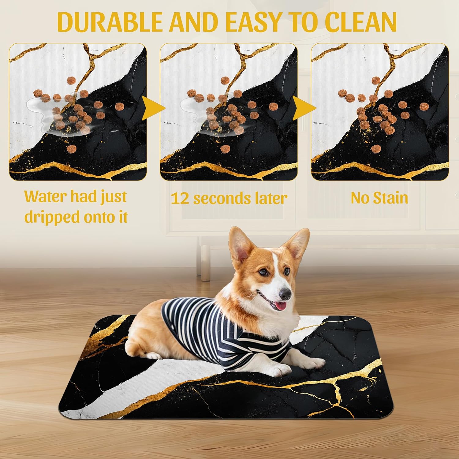 Black Gold Marble Dog and Cat Food Mat, Absorbent Feeding Placemat, Waterproof Non-Skid Rubber Backing, No Stains Pet Supplies – 12x20 Inch image 5