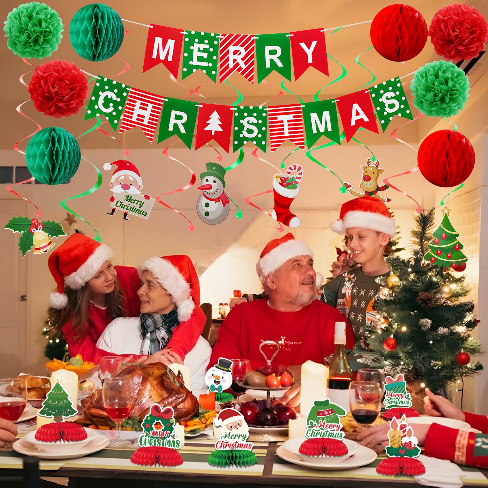 KUANINUNAR Red Green Christmas Decorations Party Banner Set Flower Fan Paper Xmas Bunting Honeycomb Centerpieces Tree Santa Snowman Banner Table Decorations Christmas Party Supplies (Red) - Image 3