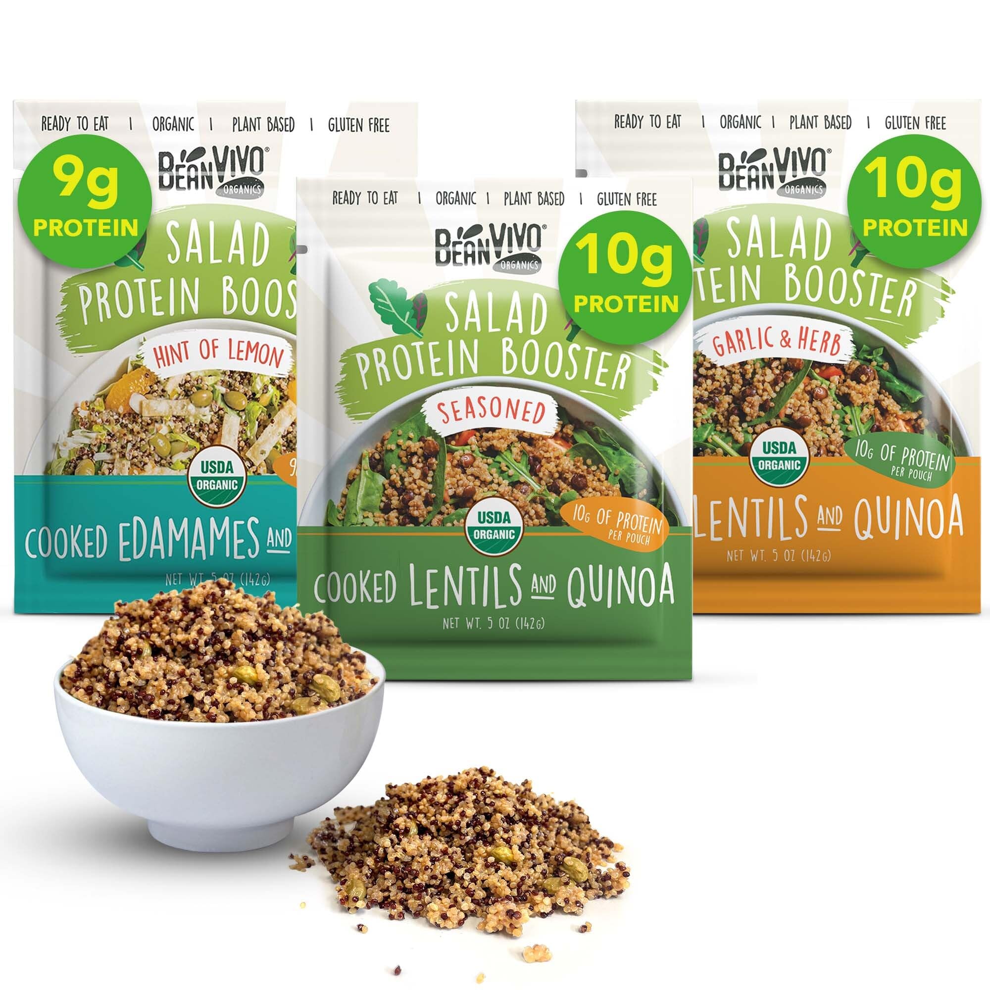 BeanVIVO - Variety 3 Pack Salad Protein Boosters - Seasoned, Garlic & Herbs, Edamame - Delivering a burst of taste and 10g of protein-packed goodness in every pouch 5oz pouches each