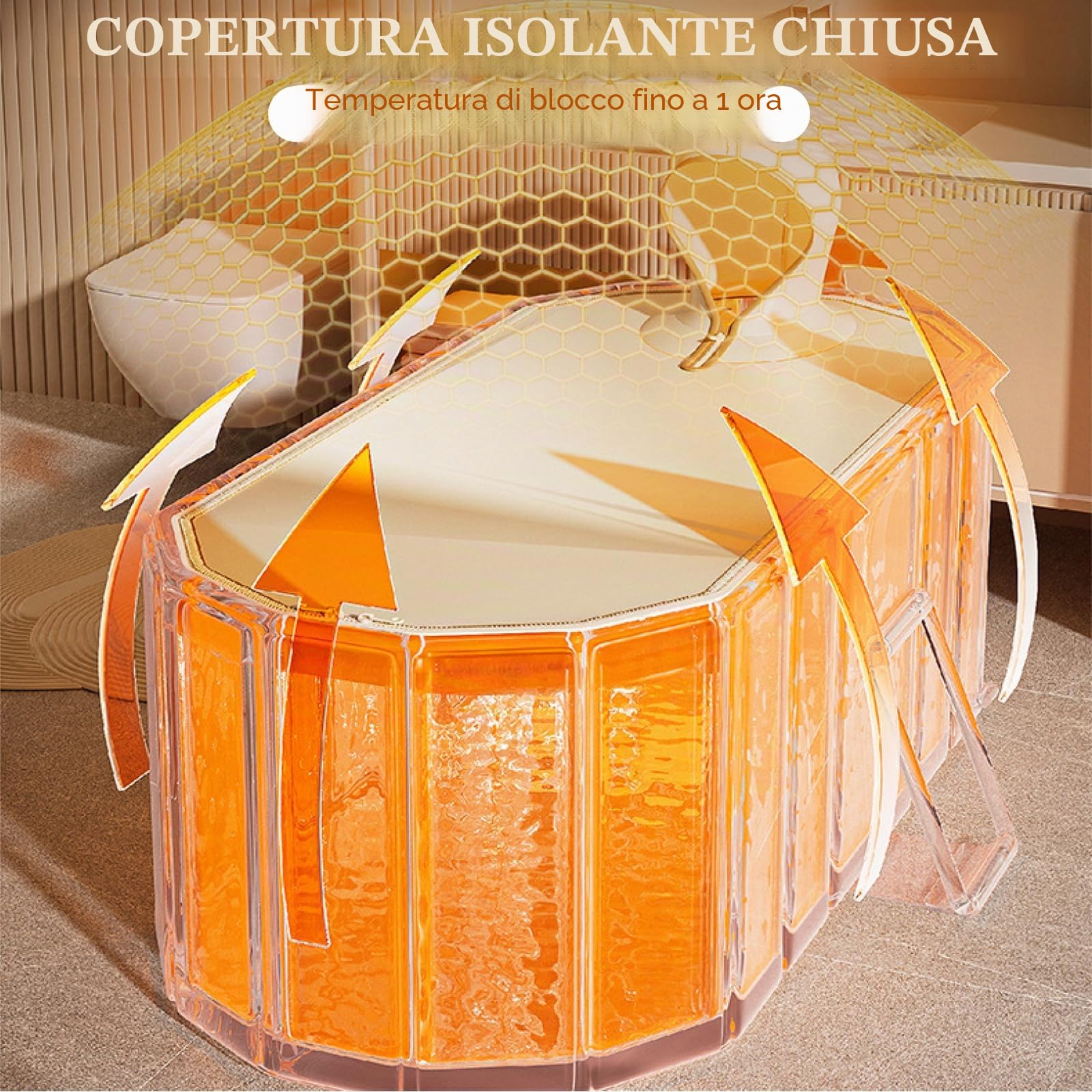 Vasca da bagno pieghevole per adulti con coperchio, design isolante portatile, vasca pieghevole profonda, include cuscino per seduta e tubo di scarico, 1,5 metri, arancione/oro