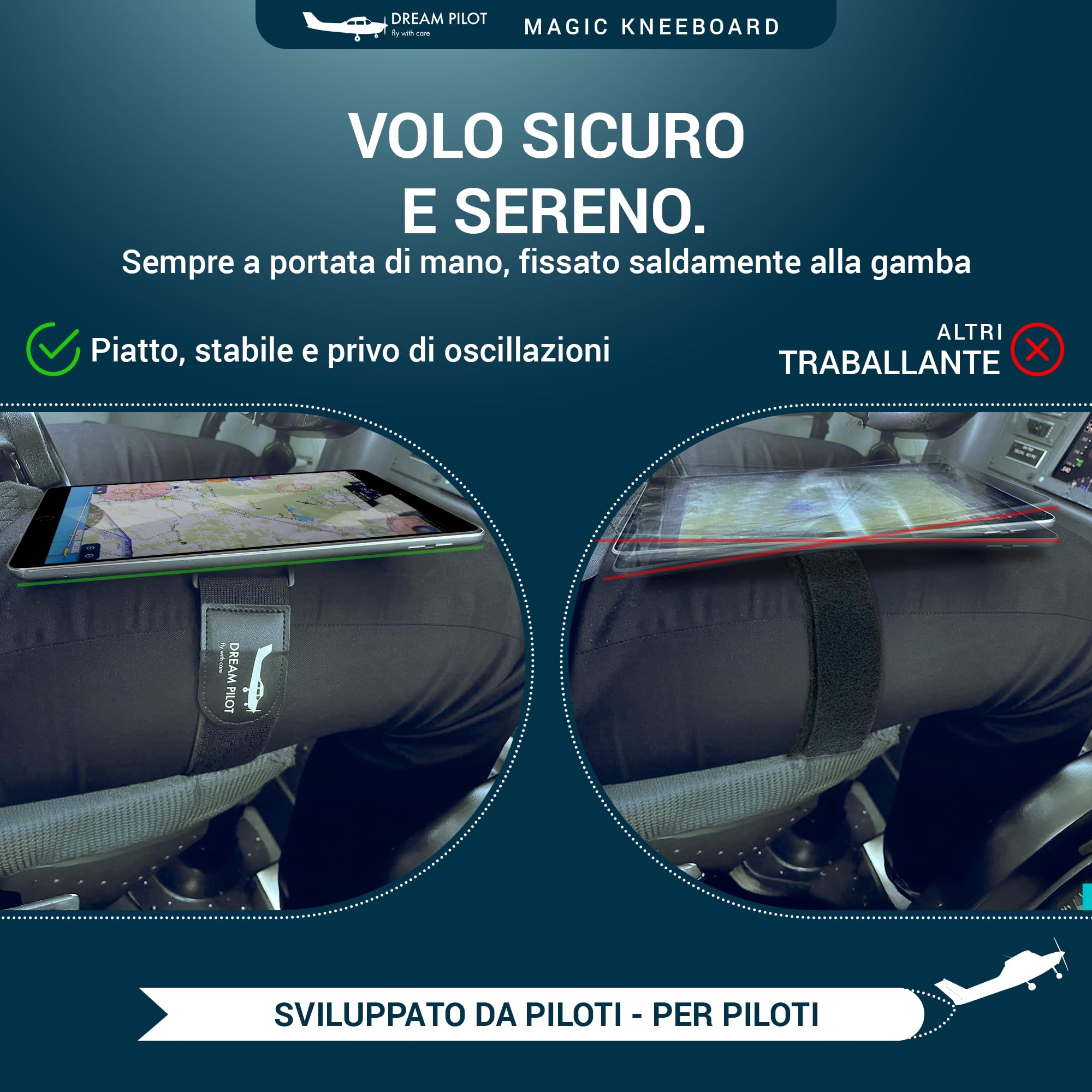 Dream Pilot Kneeboard per iPad, iPad mini, iPhone, qualsiasi smartphone Android, qualsiasi tablet, soluzione universale - sottile, stabile, design certificato MIL-STD 810G