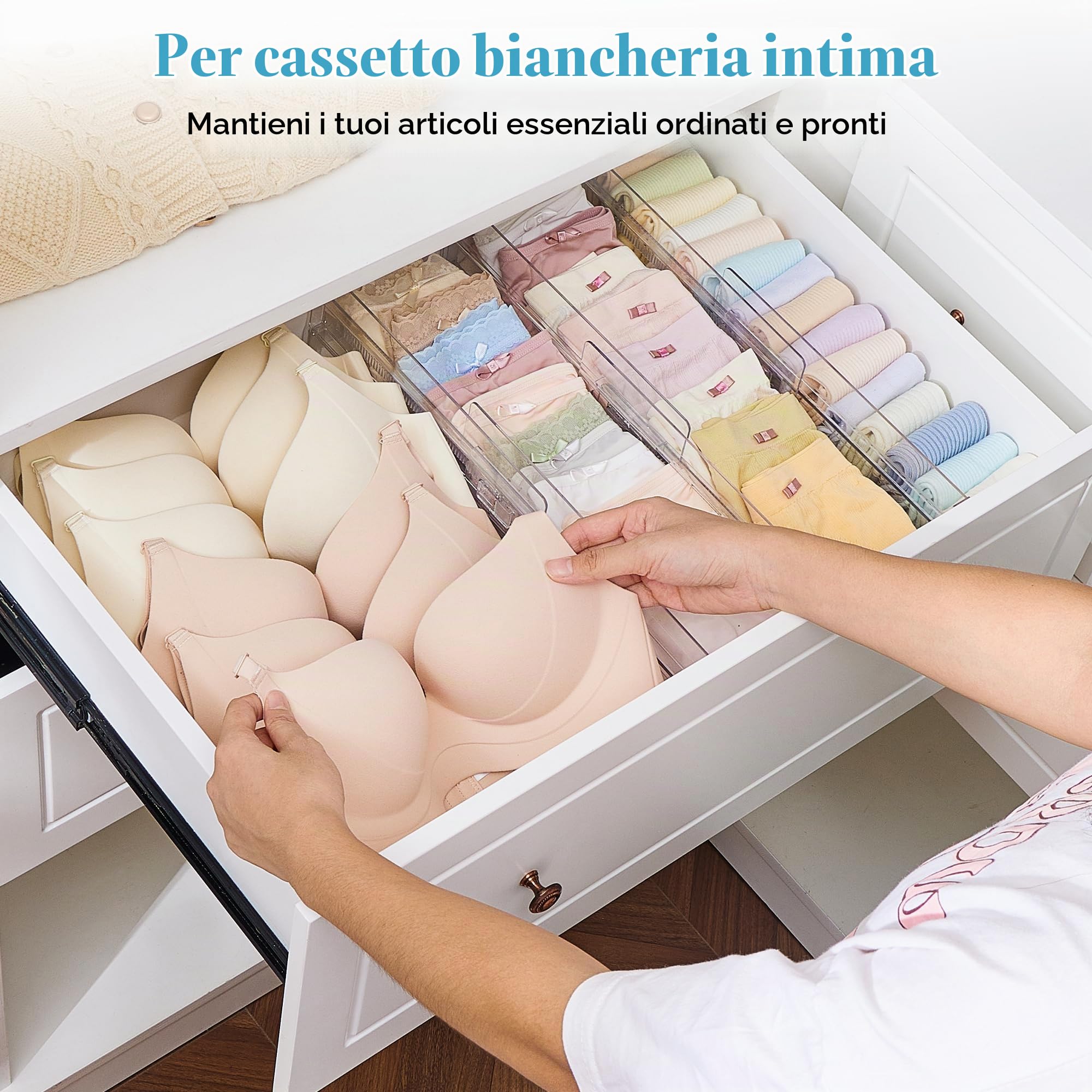 Vtopmart Confezione da 8 separatori per cassetti, regolabili (26,8 – 43,1 cm), divisori trasparenti per cassetti, organizer, tavolo da toeletta, bagno
