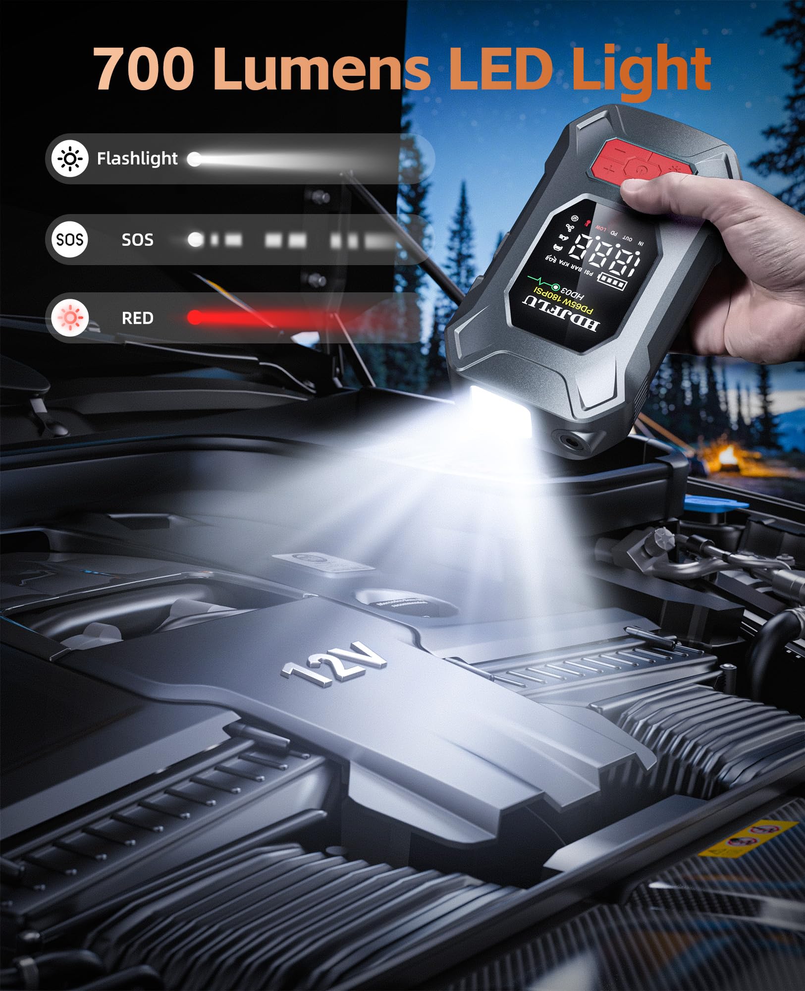 7500A con compressore d'aria da 180PSI, ricarica rapida da 65W, batteria portatile per auto da 24000mAh, gonfiatore di pneumatici da 12V (per benzina e diesel fino a 10L), luce LED