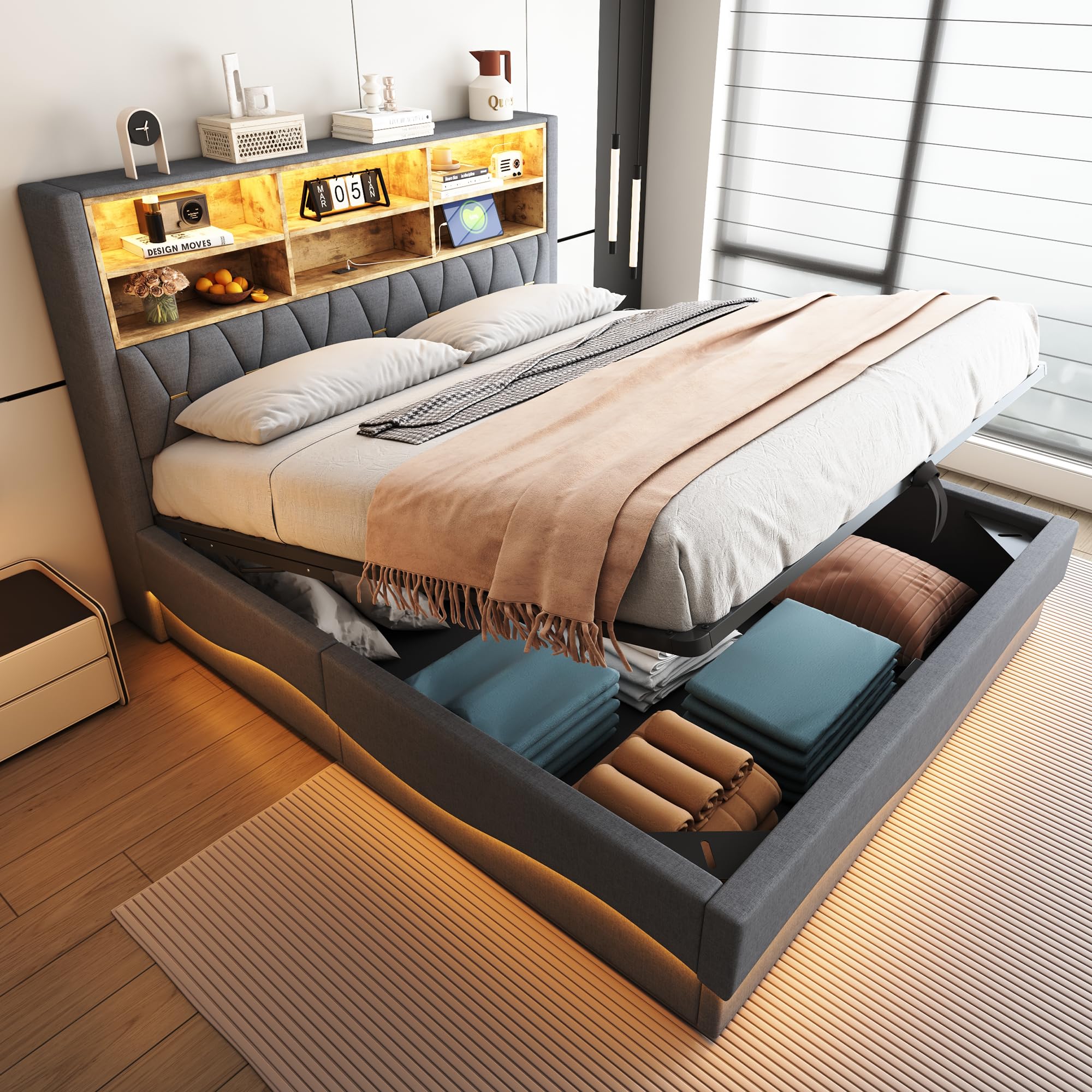 LAKFEW Doppelbett Polsterbett 180x200 cm mit LED-Lichtband und USB-Kopfteil, Hydraulisch Bett mit Stauraum, Bettgestell mit Lattenrost, Schlafzimmer Möbel, Grau, Leinen, Ohne Matratze