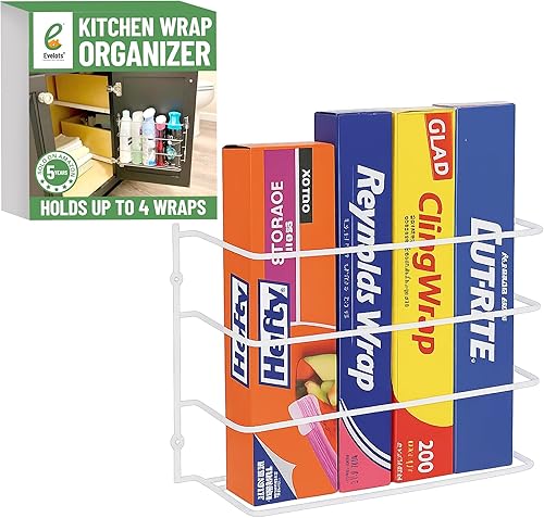Evelots Organizador de Envolturas de Cocina - Sostiene hasta 4 Plástico, Papel de Aluminio, Papel, Cera - Puerta de Gabinete, Cesta de Estante de
