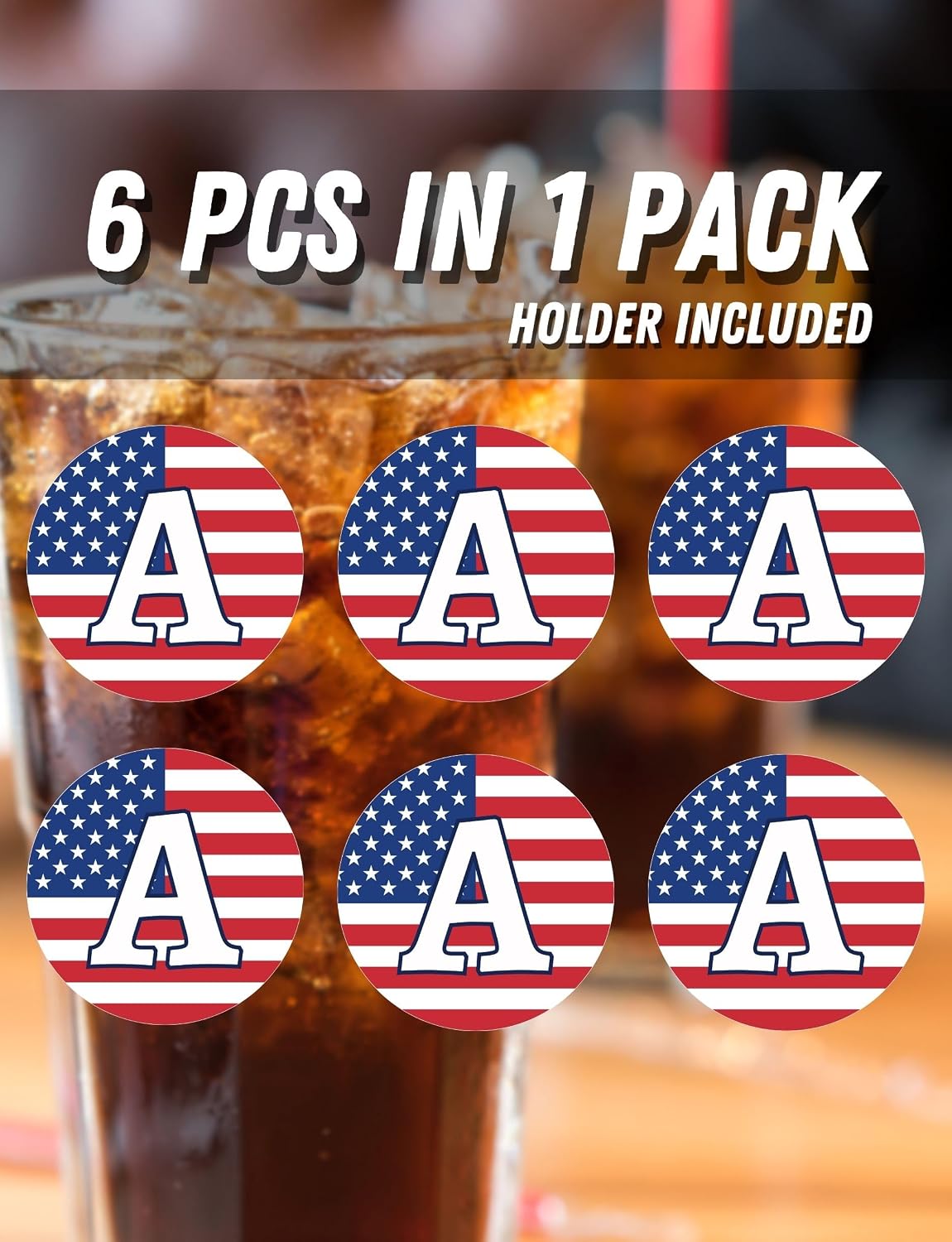 Onebttl Monogram Initial Gifts - Patriotic American Flag Ceramic Coaster Set of 6 - with Holder and Absorbent Cork Base - C