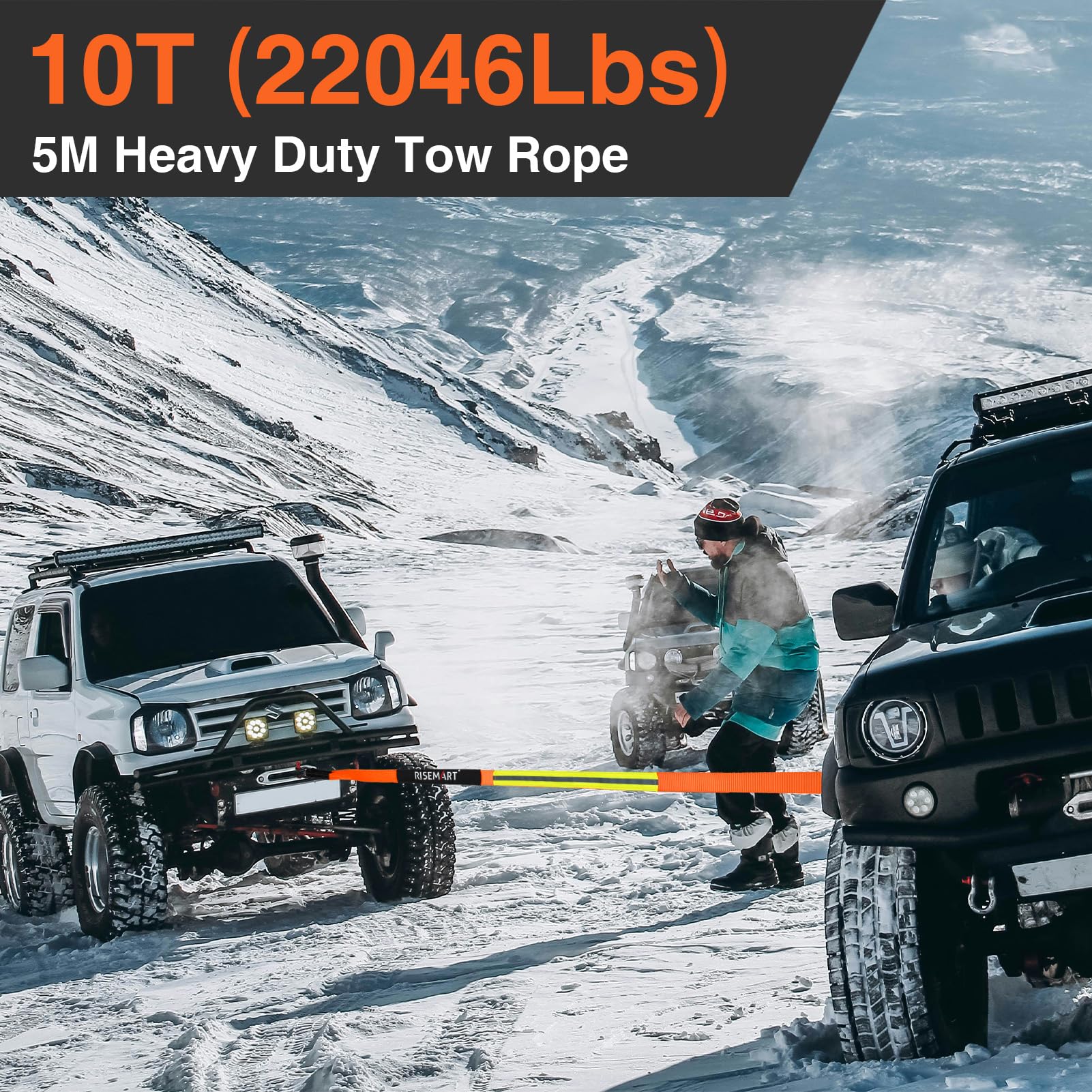 RISEMART Abschleppseil Set 10 Tonnen (22046 Lbs), 5M x 5CM Abschleppseil PKW mit Hohe Festigkeit' Schäkel und 2 Handschuhen für Off-Road Recovery