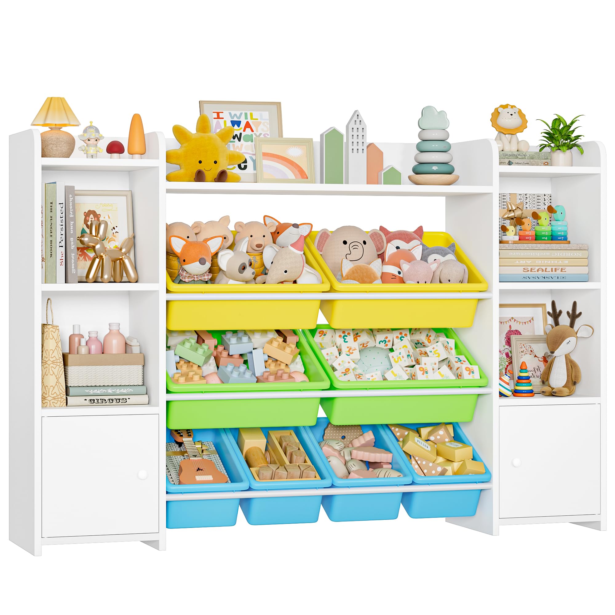FOREHILL Kinderregal mit 8 bunten Boxen Kinderzimmer Möbel Holz Bücherregal für Kinder Kinderzimmer Aufbewahrungsbox Kinderschrank mit Spielzeugkiste 138,8 x 94,3 x29,6 cm weiß mit grün