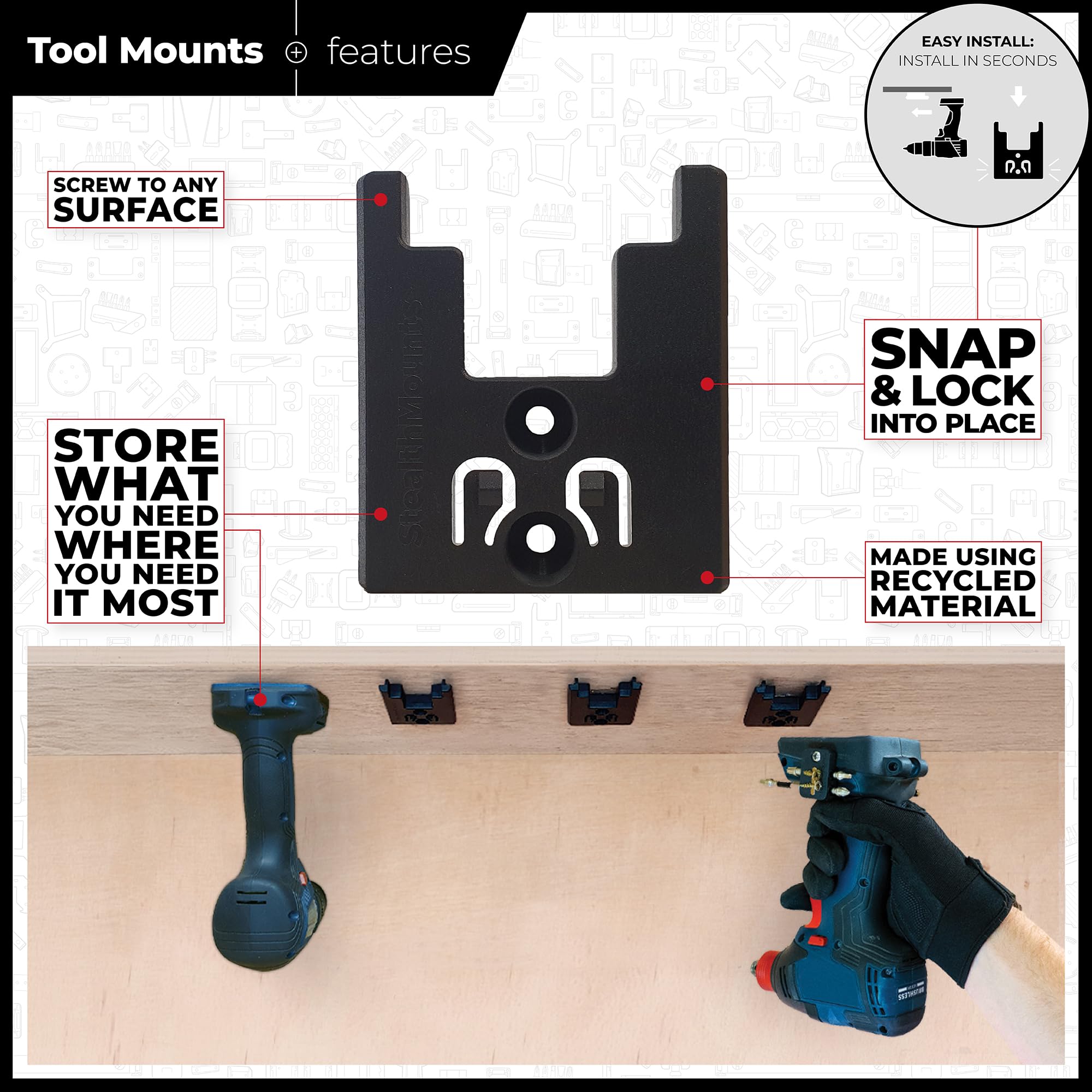 StealthMounts Organiseurs d'Outils pour Bosch 18v | Support de Rangement sans Fil | Lot de 4 | Organisateurs Noir