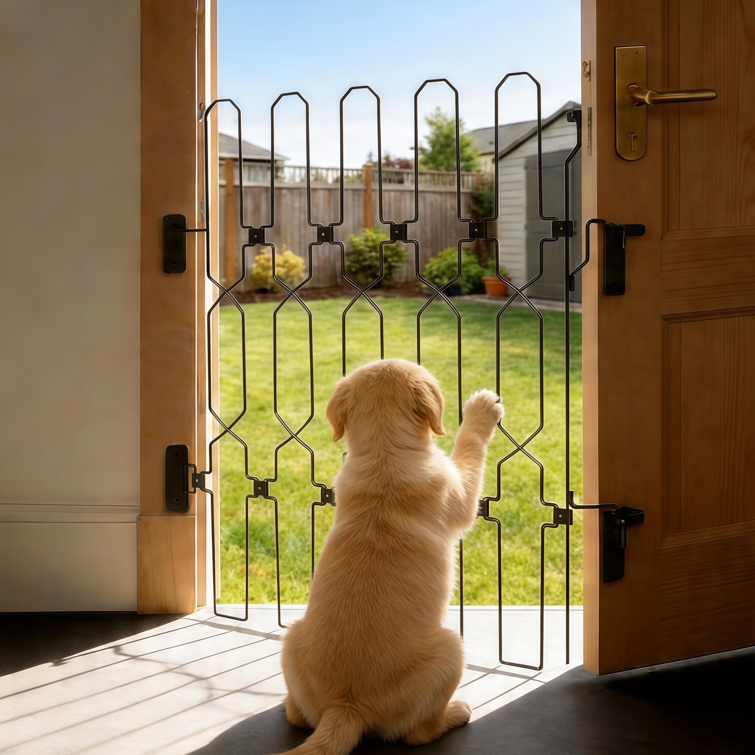 Barrera para Perros, 66 x 78 cm Vallas para Perros Retráctil de Metal Puerta para Perro con Diseño de Recorte Grande Valla para Perro para Puertas de Entrada Cocinas Dormitorios y Autocaravanas