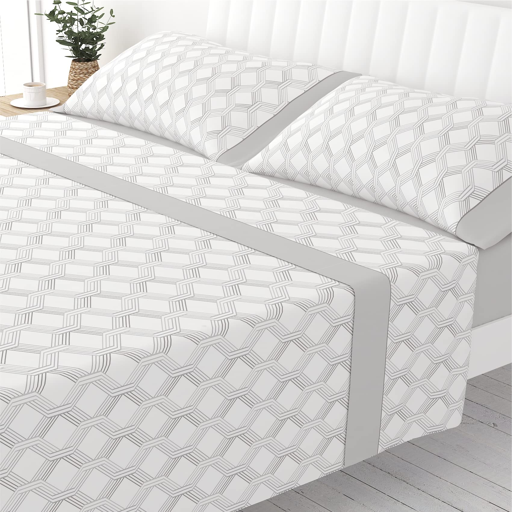 Victorio & Lucchino Juego de Sábanas Estampadas de Verano Algodón/Poliéster (Cama 150cm (2 Almohadas), Claudie - Gris)