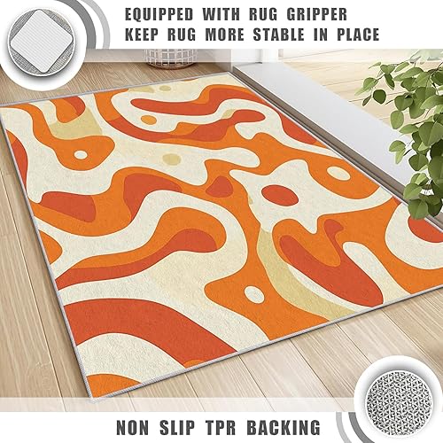 Miniatura 5 de Alfombra moderna de mediados de siglo, lavable, groovy, retro, abstracto, 2 x 3, alfombra pequeña color naranja de los años 70, entrada, dormitorio,