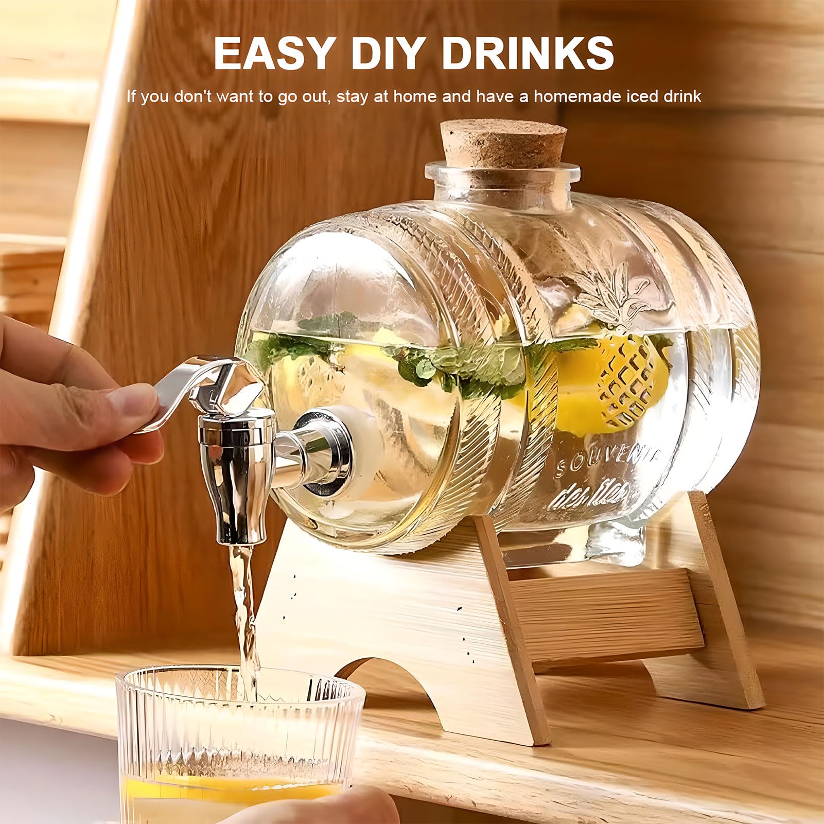 Dispensador de bebidas de vidrio con tapa de corcho de madera y soporte de bambú, grifo ABS para jugo, agua, té y bebidas, capacidad de 5 litros, perfecto para fiestas y eventos
