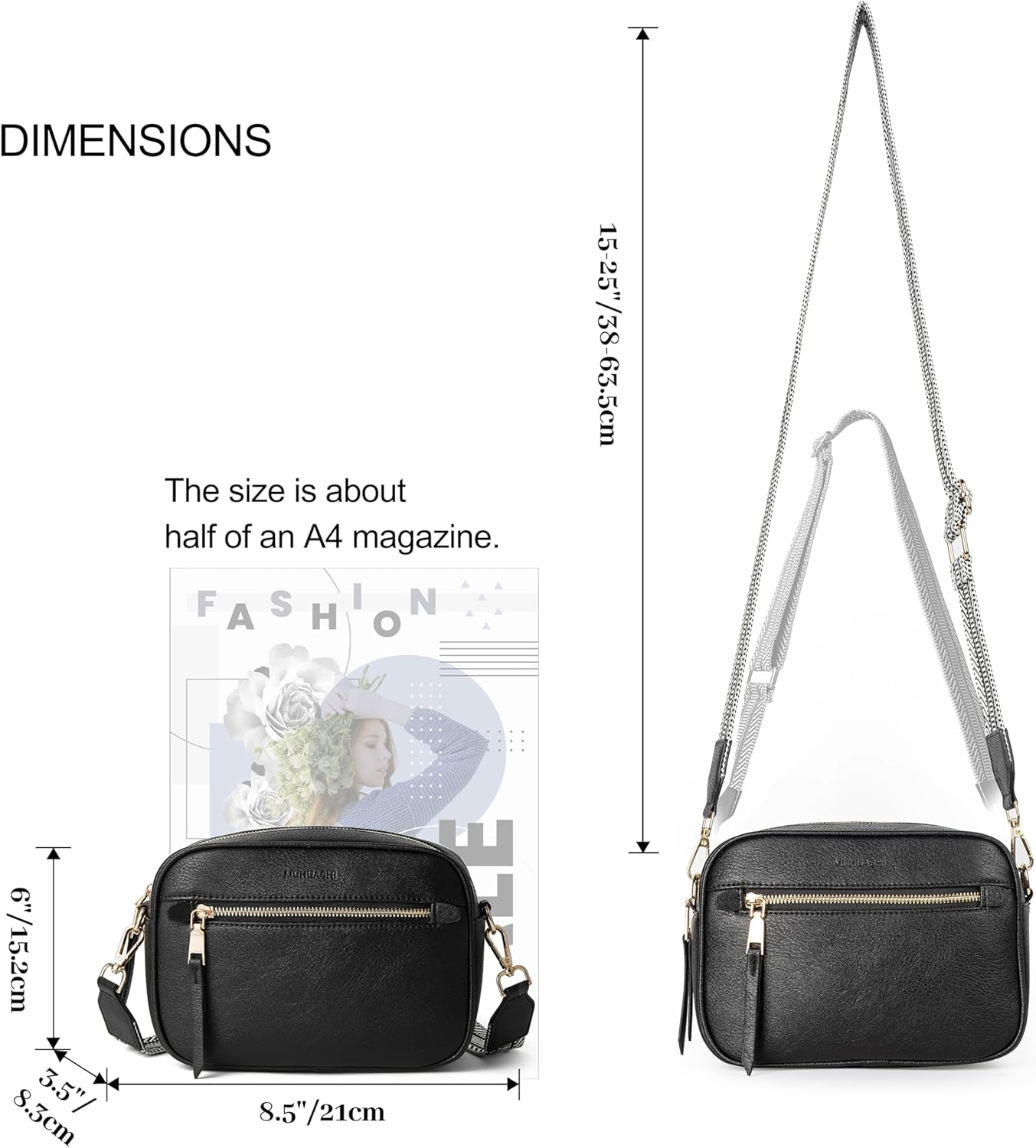 Small Crossbody Bag for Women Triple Pockets Vegan Leather Shoulder Camera Purse with Long Guitar Strap - Image 5