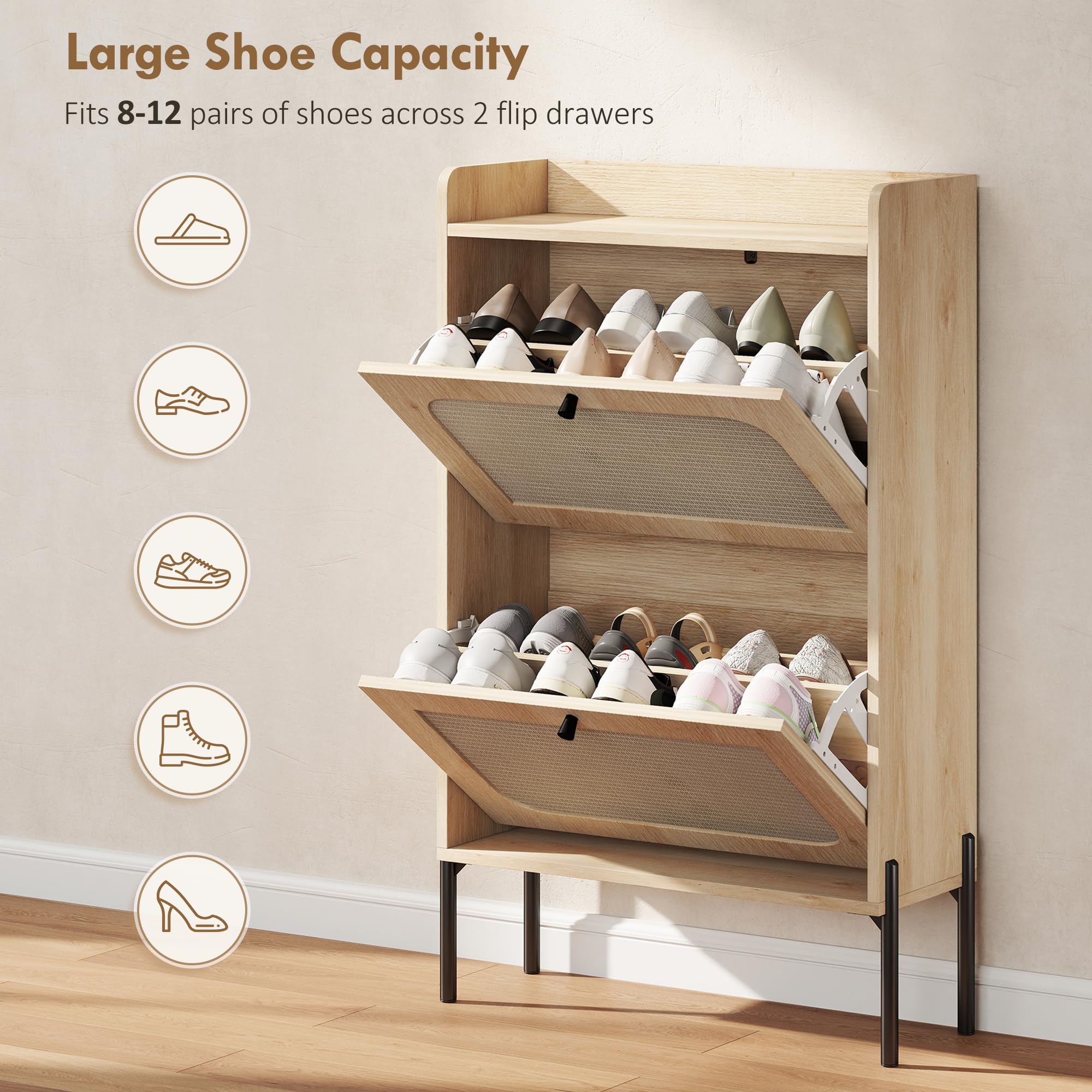HOMCOM Shoe Cabinet with 2 Flip Drawers, Narrow Shoe Storage Cabinet with Adjustable Shelves, Raised Tabletop, Rattan Accent, Boho Storage Organizer for Entryway, Hallway, Holds 8-12 Pairs, Oak - 5