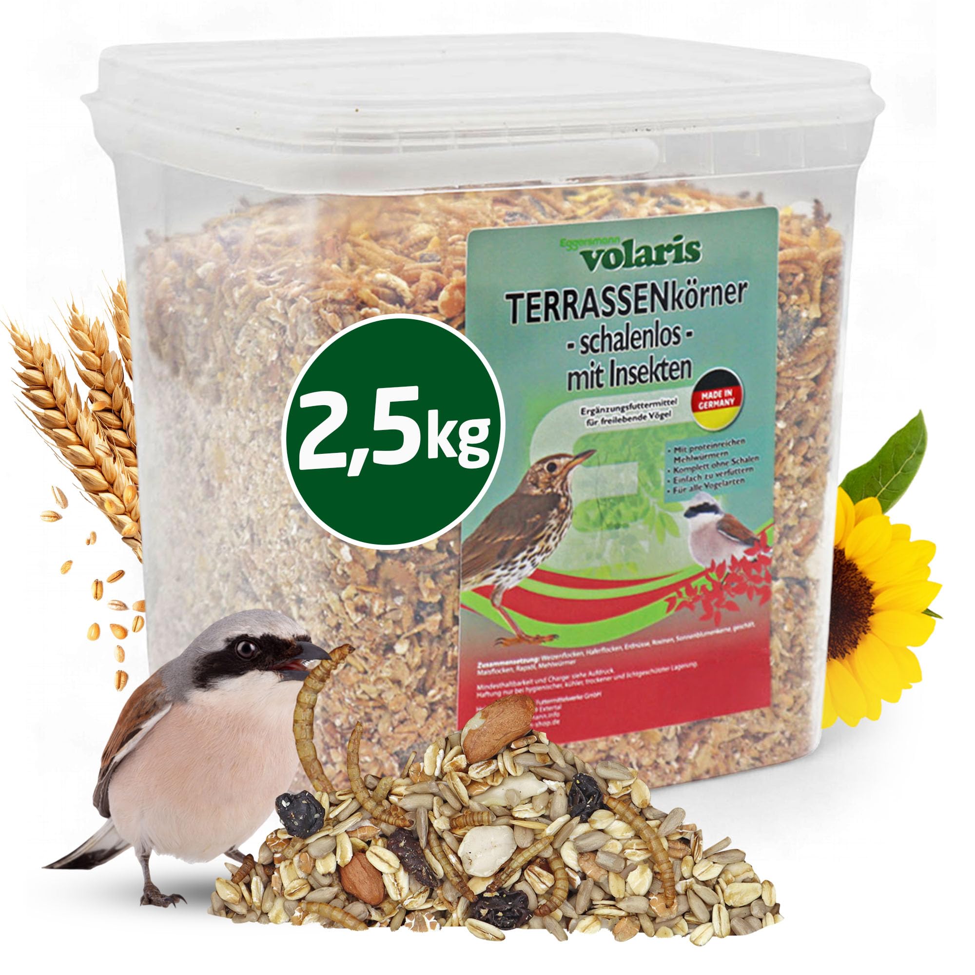 Eggersmann volaris Terrassenkörner mit Insekten 2,5 kg – Schalenfreies Wildvogelfutter mit Mehlwürmern, Sonnenblumenkernen UVM. – Ganzjahresfutter, Protein- & energiereich – Streufutter für Wildvögel