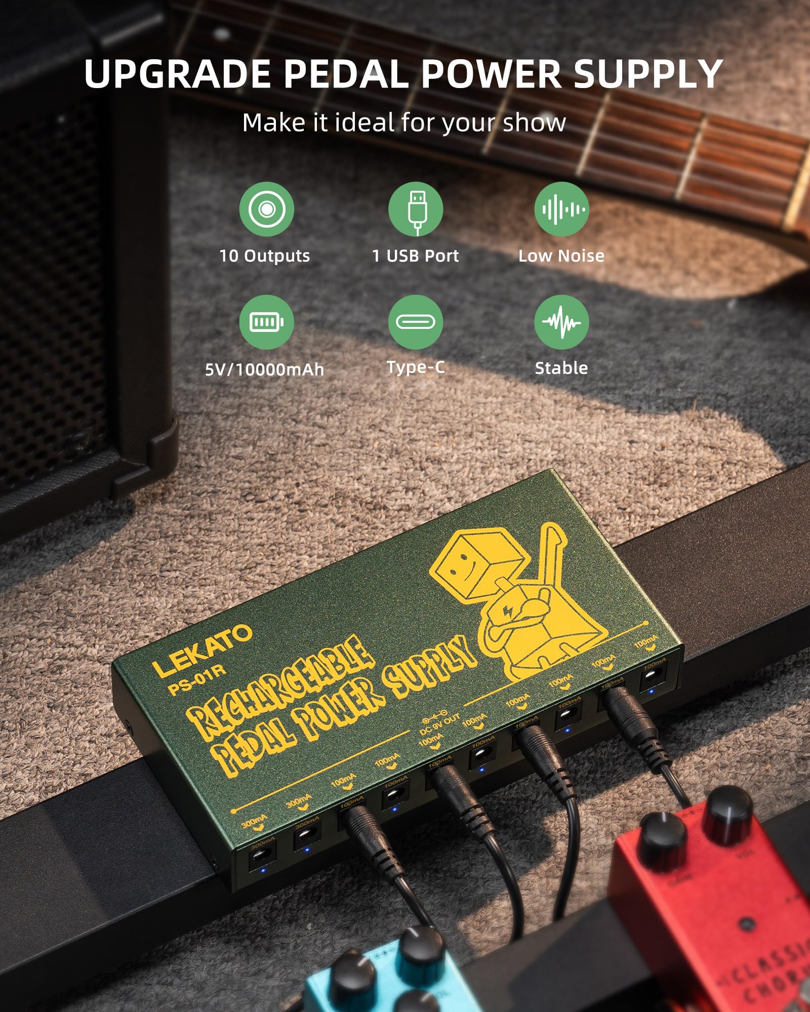 LEKATO Ładowalny zasilacz do pedału gitarowego, wbudowany akumulator 10000mAh, izolowane 10 wyjść DC dla 9V (100mA, 300mA), zasilacz efektów z ochroną przed zwarciem