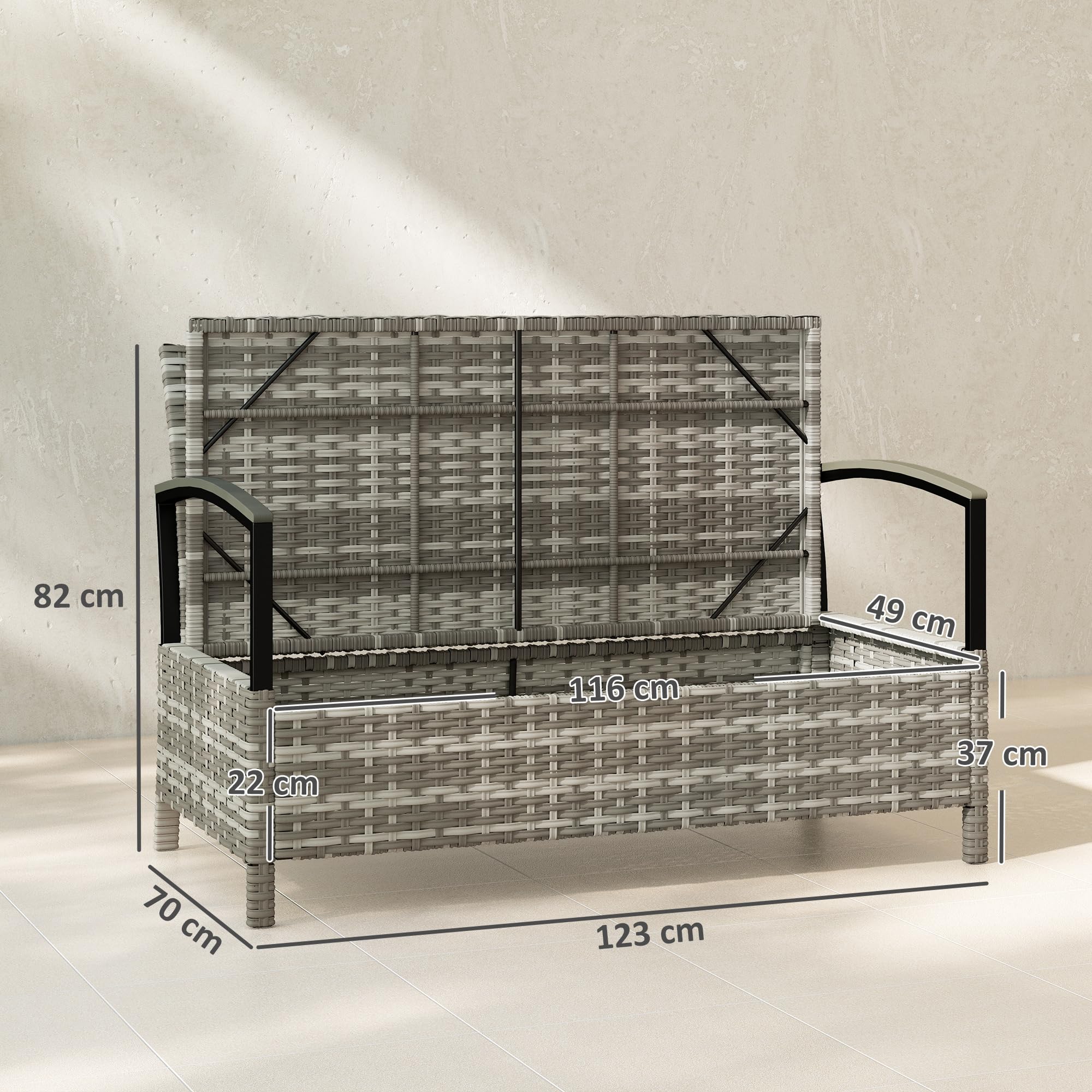 Outsunny Gartenbank mit Stauraum 2-Sitzer Sitzbank mit Kissen Haltegriffen 125L Aufbewahrungsbank Aufbewahrungsbox Bank für Flur Schlafzimmer Wohnzimmer Poly Rattan 123 x 70 x 82 cm Dunkelgrau