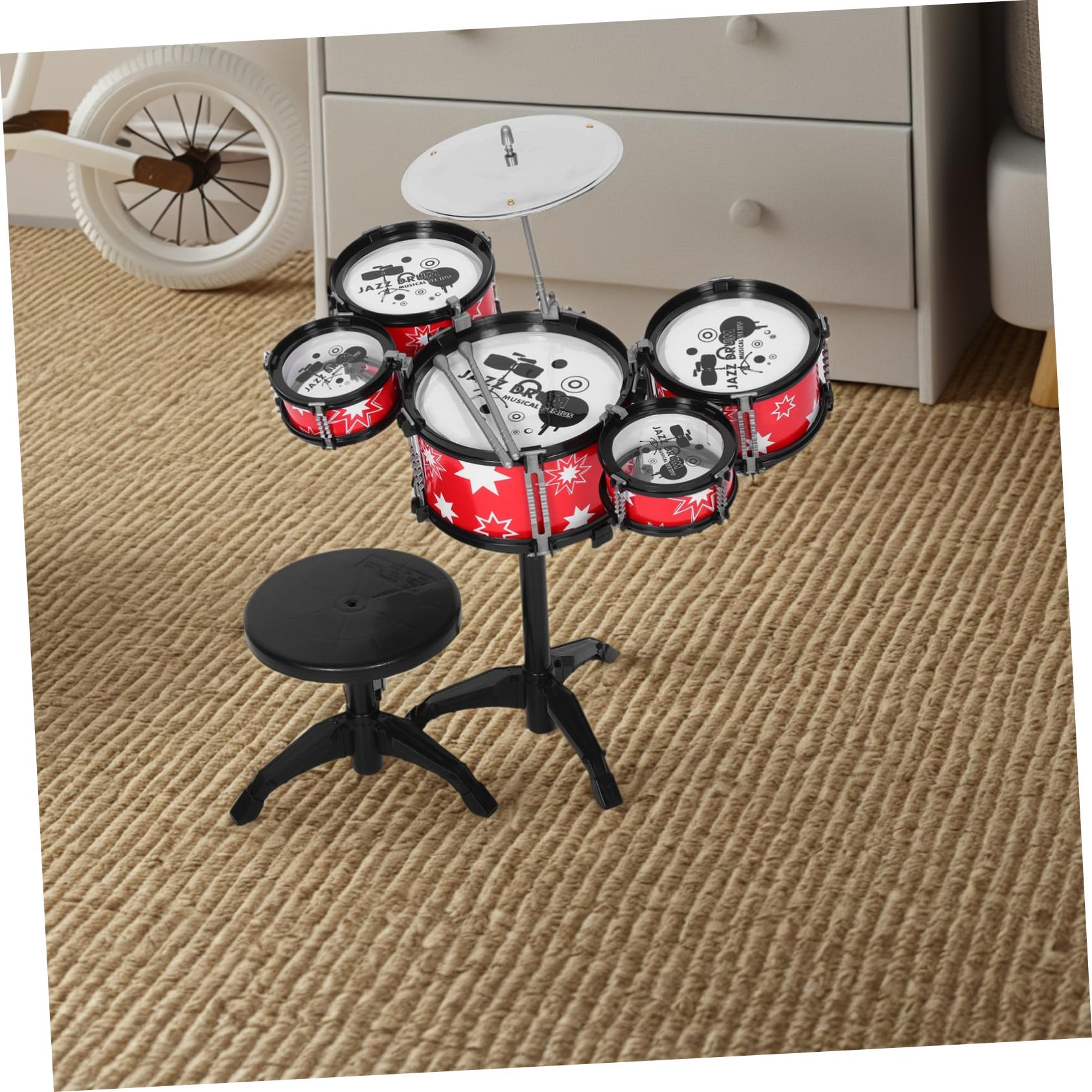 Batteria Giocattolo per Bambini, Mini Set Rosso in Plastica | Design Realistico, Multifunzionale, per Piccoli Musicisti, Strumento Musicale da Apprendimento e Pratica