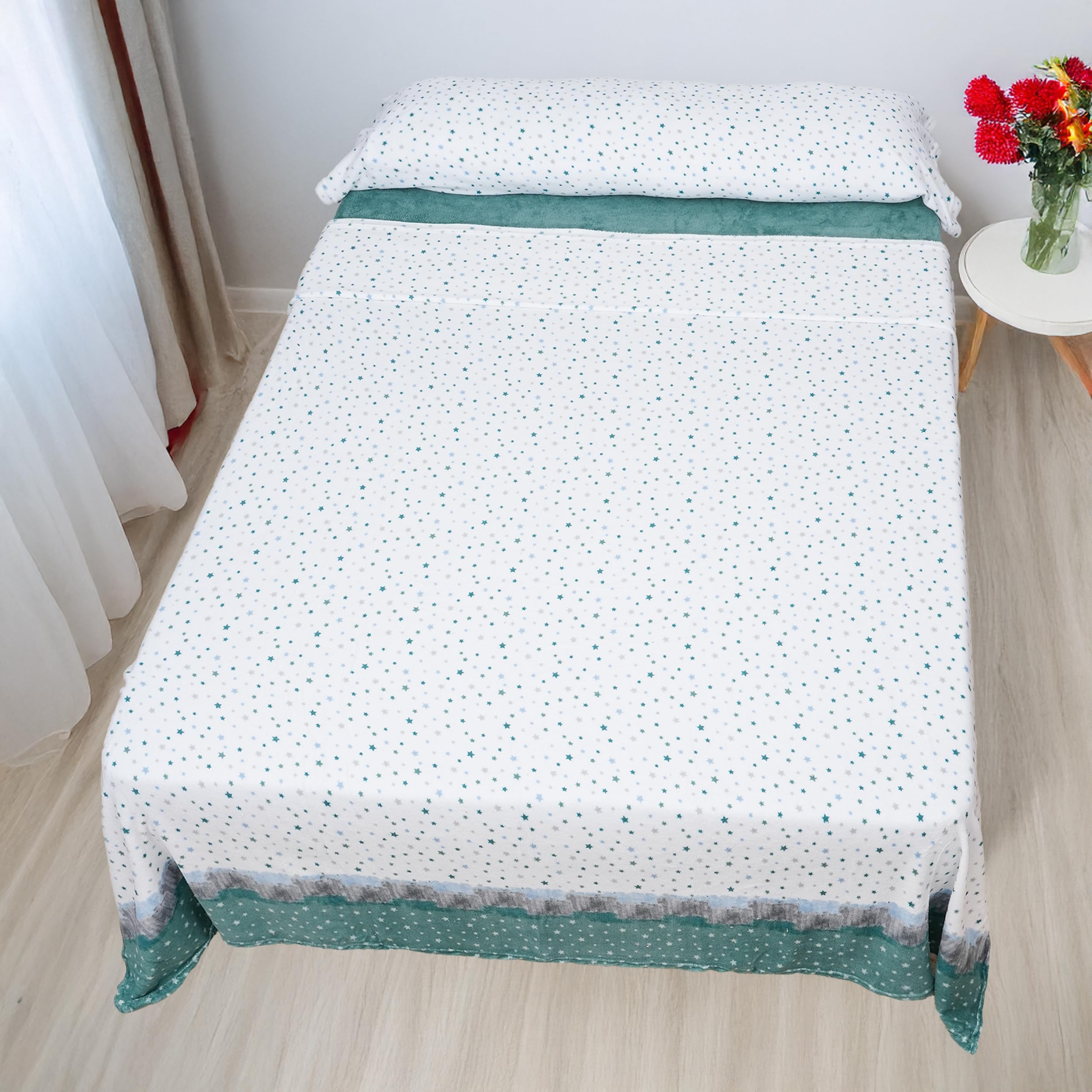 Juego de Sábanas 3 Piezas Coralina Térmica para Invierno - Incluye Sábana Bajera Ajustable, Encimera y Funda de Almohada - Tacto Suave y Cálido - Estrella Verde, Cama 135cm