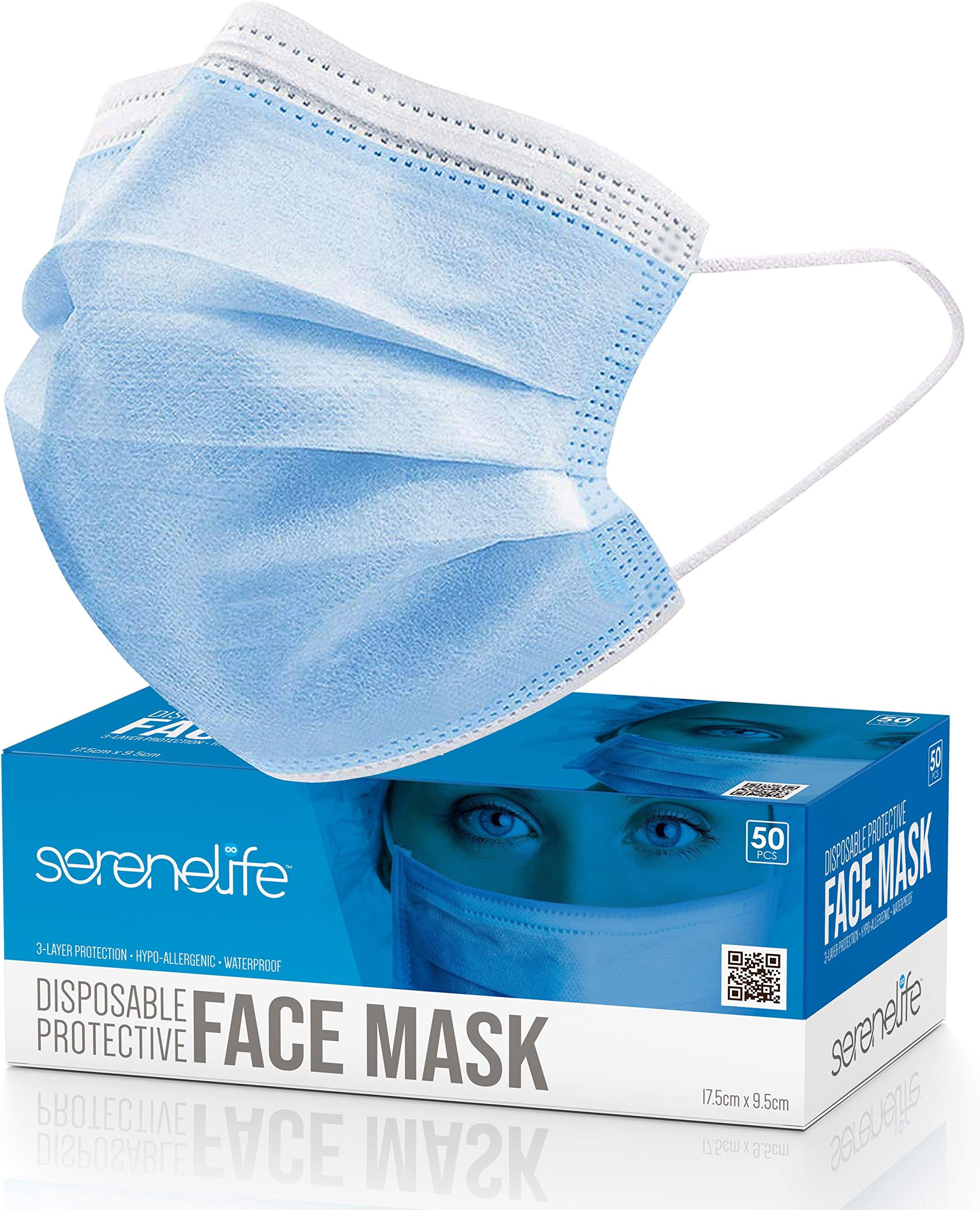 50 Pcs. Disposable Face Masks - 3 Layer Protection Breathable Face Masks, For Dust Covering, Protective Dust Filter, PPE Safety Mouth Cover, and Nose Shield, For Adults - SereneLife SL3PLY50.5