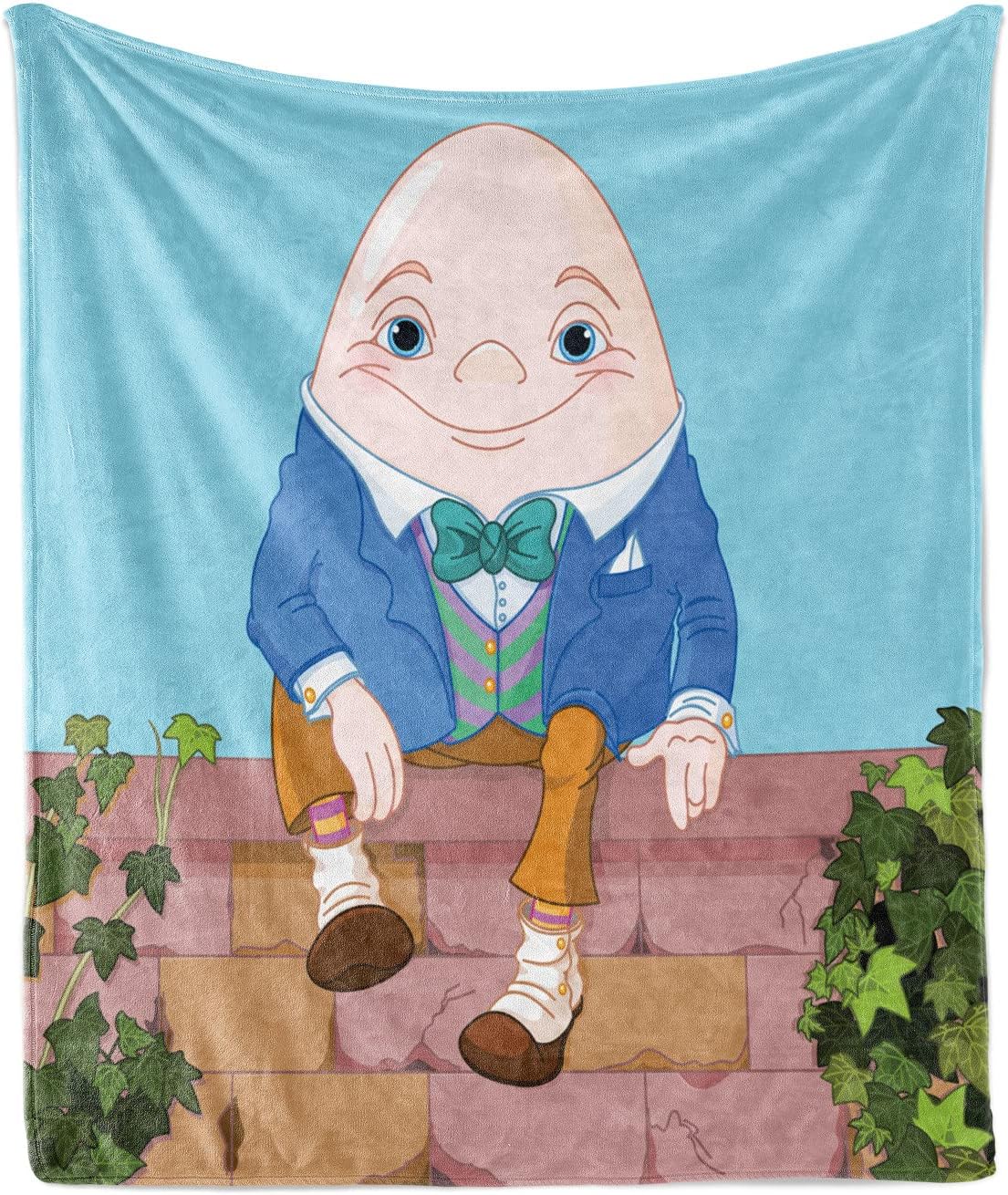 Lunarable Alice in Wonderland Throw Blanket, Egg Humpty Dumpty Sitting on Brickwork Wall in Colorful Cartoon Style, Flannel Fleece Accent Piece Soft Couch Cover for Adults, 50" x 60", Brown Pink 50" x 60" Brown Pink