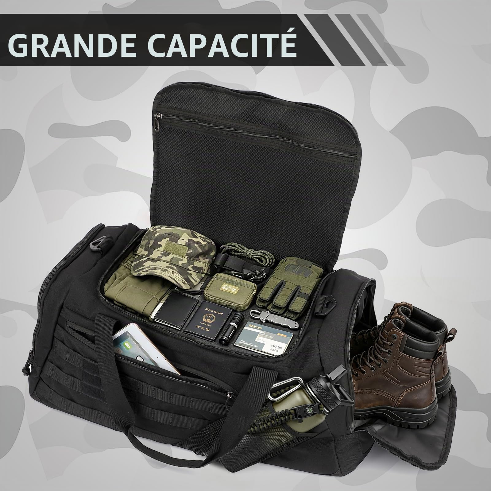 45L Sac de Voyage Tactique pour Homme 3 en 1 Sac à Dos de Sport avec Compartiment à Chaussures, Poche Humide et Sangles de Sac à Dos pour Fitness, Voyages ou Week-Ends (Noir)