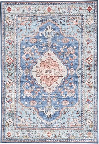 Nourison Fulton - Alfombra vintage azul de 2 x 3 pies, fácil de limpiar, no se desprende, para dormitorio, sala de estar, comedor y cocina (2 x 3)