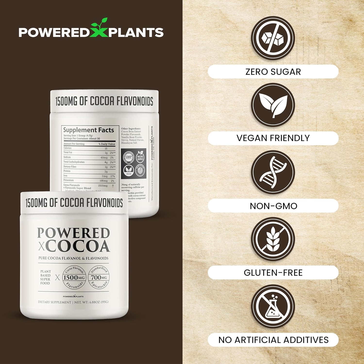 High Flavanol Cocoa Powder - 1500mg Cocoa Flavanols 12X More Epicatechin, 700MG Epicatechin Antioxidant Flavonoids - Supports Brain, Heart Health, Nitric Oxide & Circulation by Powered X Plants