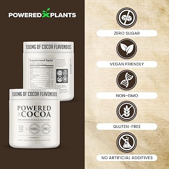 High Flavanol Cocoa Powder - 1500mg Cocoa Flavanols 12X More Epicatechin, 700MG Epicatechin Antioxidant Flavonoids - Supports Brain, Heart Health, Nitric Oxide & Circulation by Powered X Plants
