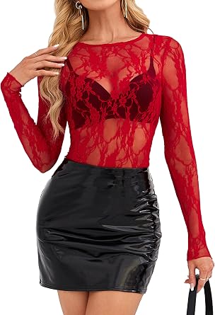 OFEEFAN Womens Mesh Tops Lace Long Sleeve Shirts Crewneck Slim Fitted Outfits See Through Blouses