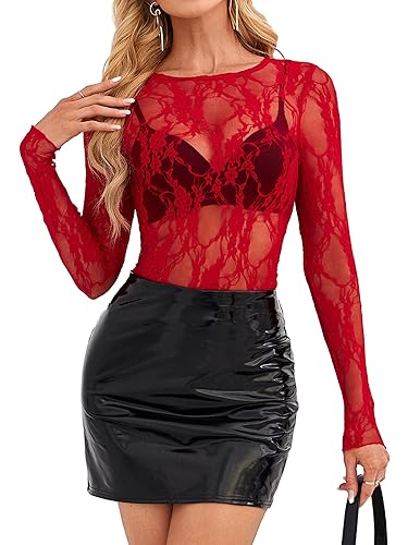 OFEEFAN Womens Mesh Tops Lace Long Sleeve Shirts Crewneck Slim