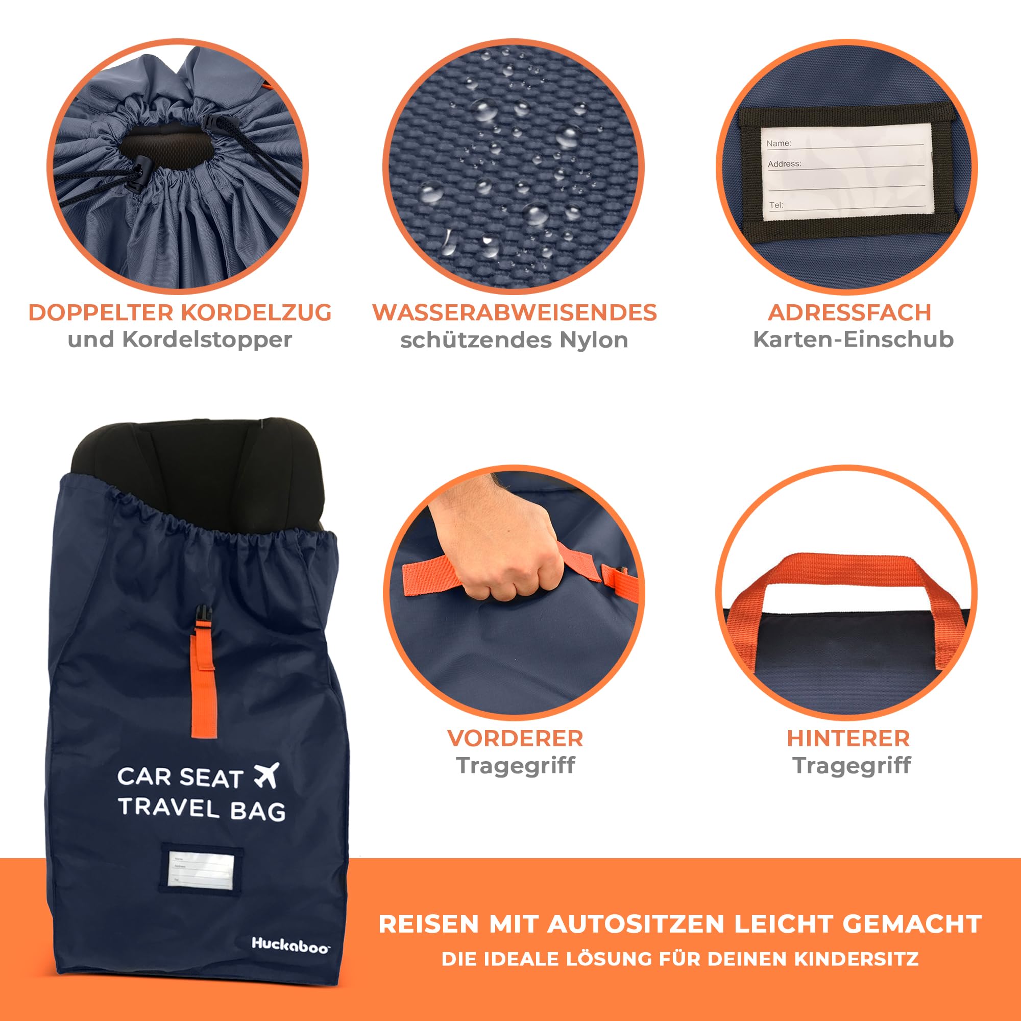 Huckaboo Kindersitz-Transporttasche für Flugzeug – Robuste Tasche für Kindersitz & Babyschale, strapazierfähiges Nylon, Dunkelblau