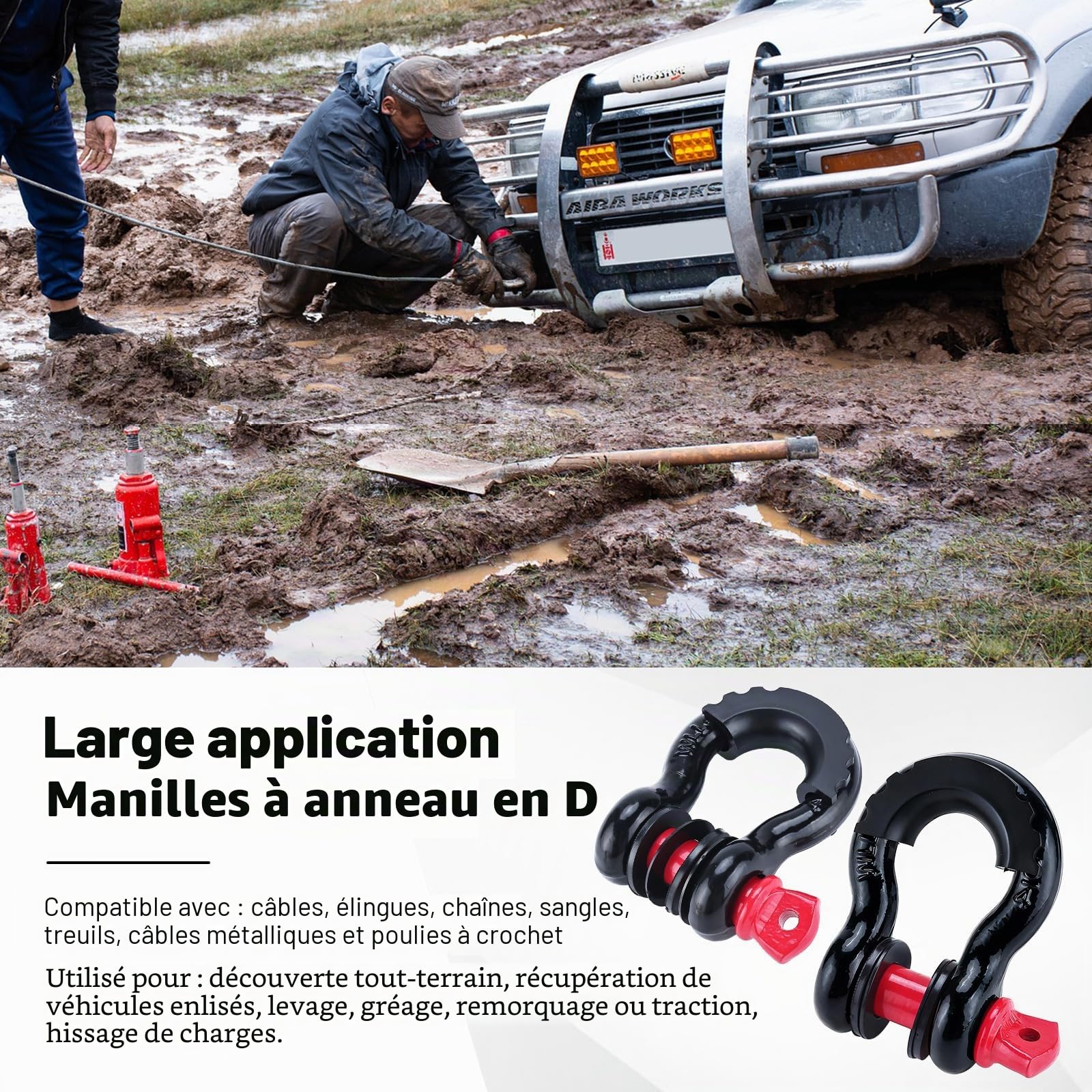 FreeTec 4 Pièces Manille 4x4, 4,75 Tonnes Manille de Levage, 3/4" Manilles de Remorquage 4x4, Manilles Acier Galvanisé de Traction de Remorque pour Jeep Voiture Camion (Noire et Rouge)