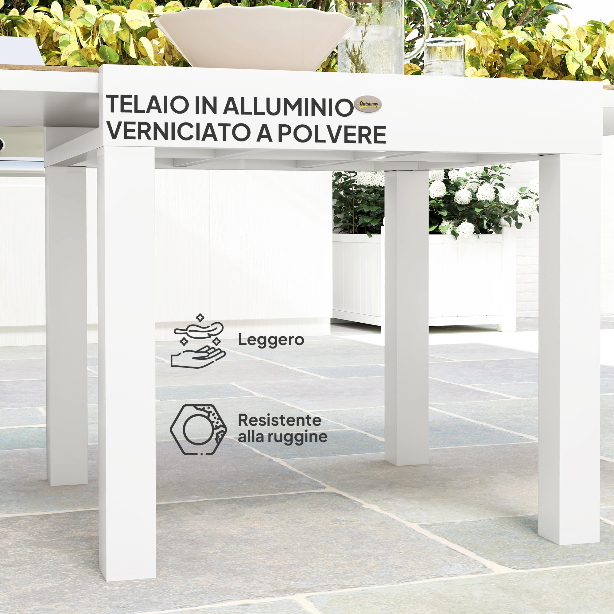Outsunny Tavolo da Giardino Allungabile da 80/160x80x75 cm, Tavola da Pranzo Estensibile per 4-6 Persone Rettangolare in Alluminio con Piano in PSPC, Per Patio, Terrazzo, Balcone ed Esterno, Bianco