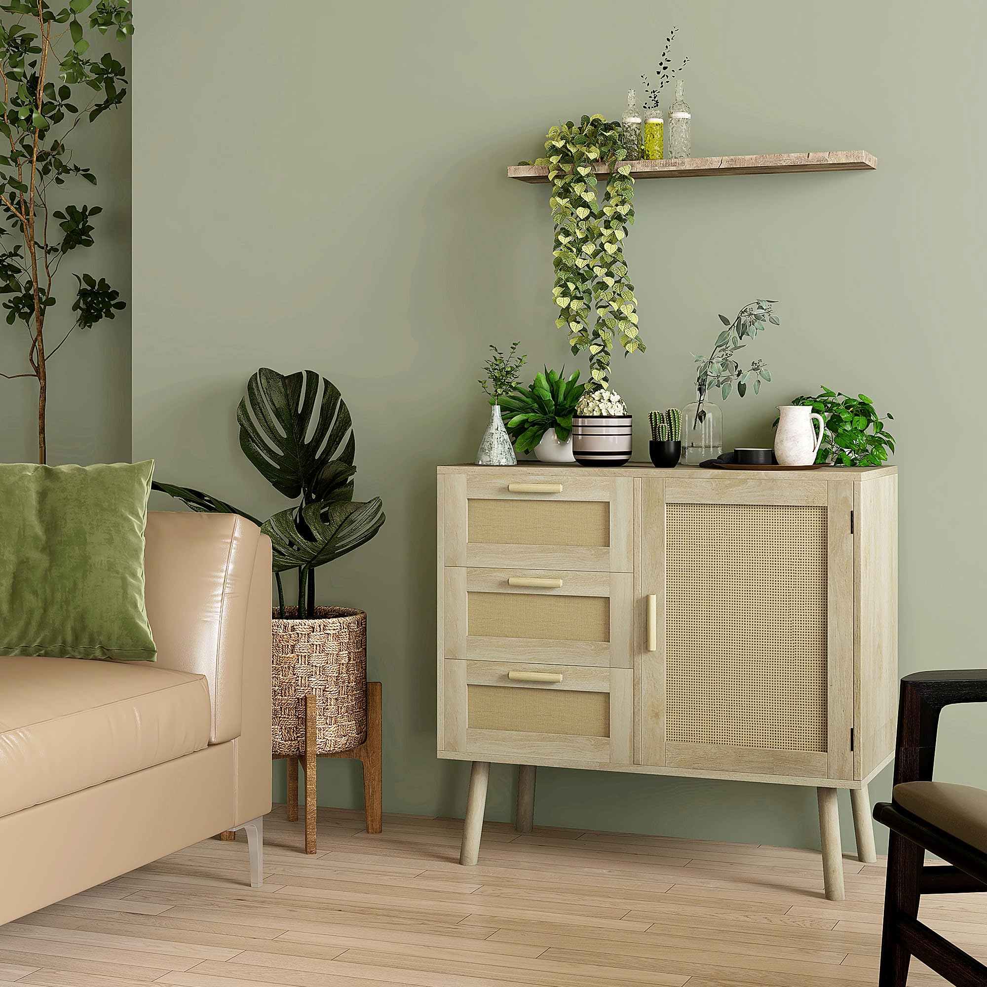 HOMCOM Mobile Multiuso in Stile Boho con Armadietto e 3 Cassetti in Legno e Rattan per Soggiorno e Ingresso, 80x36x75cm, Rovere