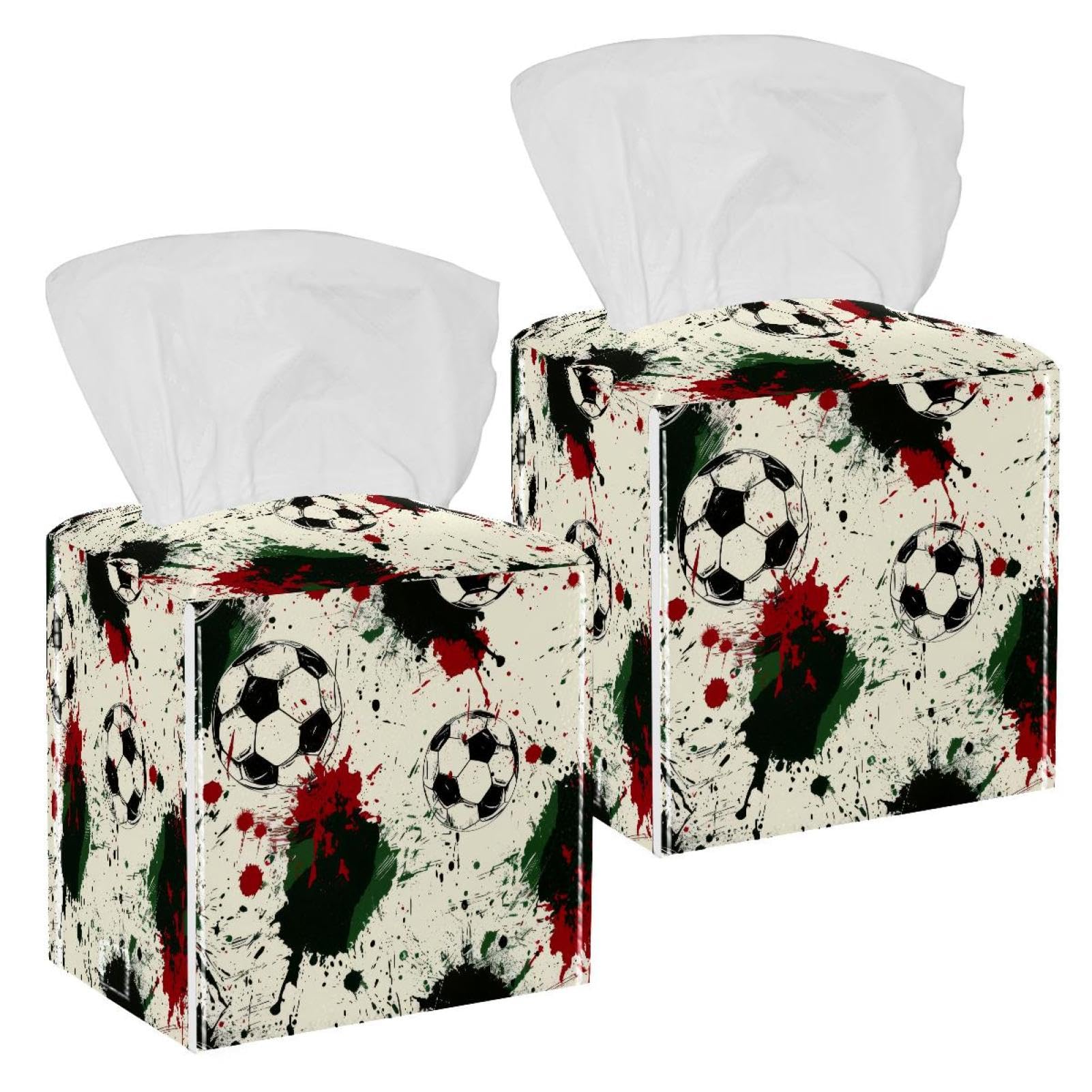Soccer Pattern Tissue Box Cover, 2 Pack PU Leather Square Facial Tissue Dispenser Box holder for Home Office Car
