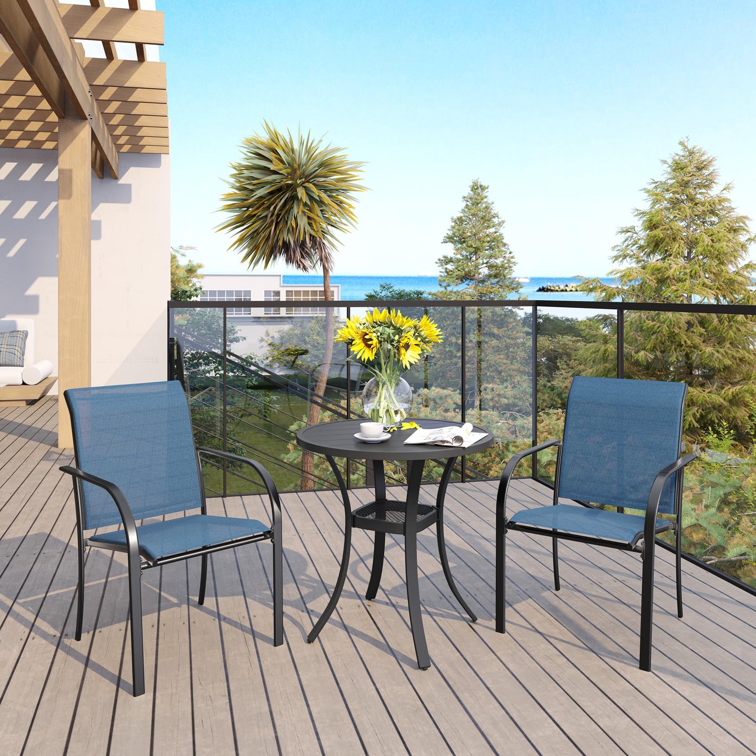 VICLLAX 3 Pieces Patio Dining Set for 2, Patio Bistro Set Includes 1 Small Round Patio Table and 2 Stackable Patio Chairs, Patio Set for Outsides, Black Table and Blue Chairs