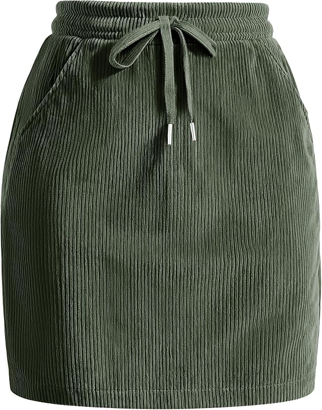 Casly Lamiit Women's Mini Corduroy Skirt 2025 High Waisted Drawstring Fall Winter Pencil Skirts with Pockets for Work Casual